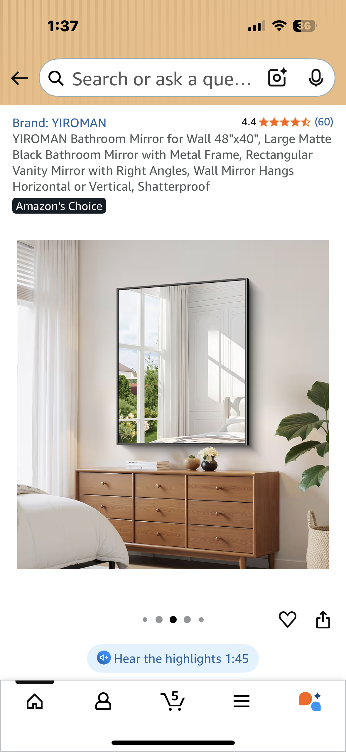 YIROMAN Wall Mirror 48"x40", Large Matte Black Mirror with Metal Frame, Rectangular Vanity Mirror with Right Angles, Wall Mirror Hangs Horizontal or Vertical, Shatterproof (M400)