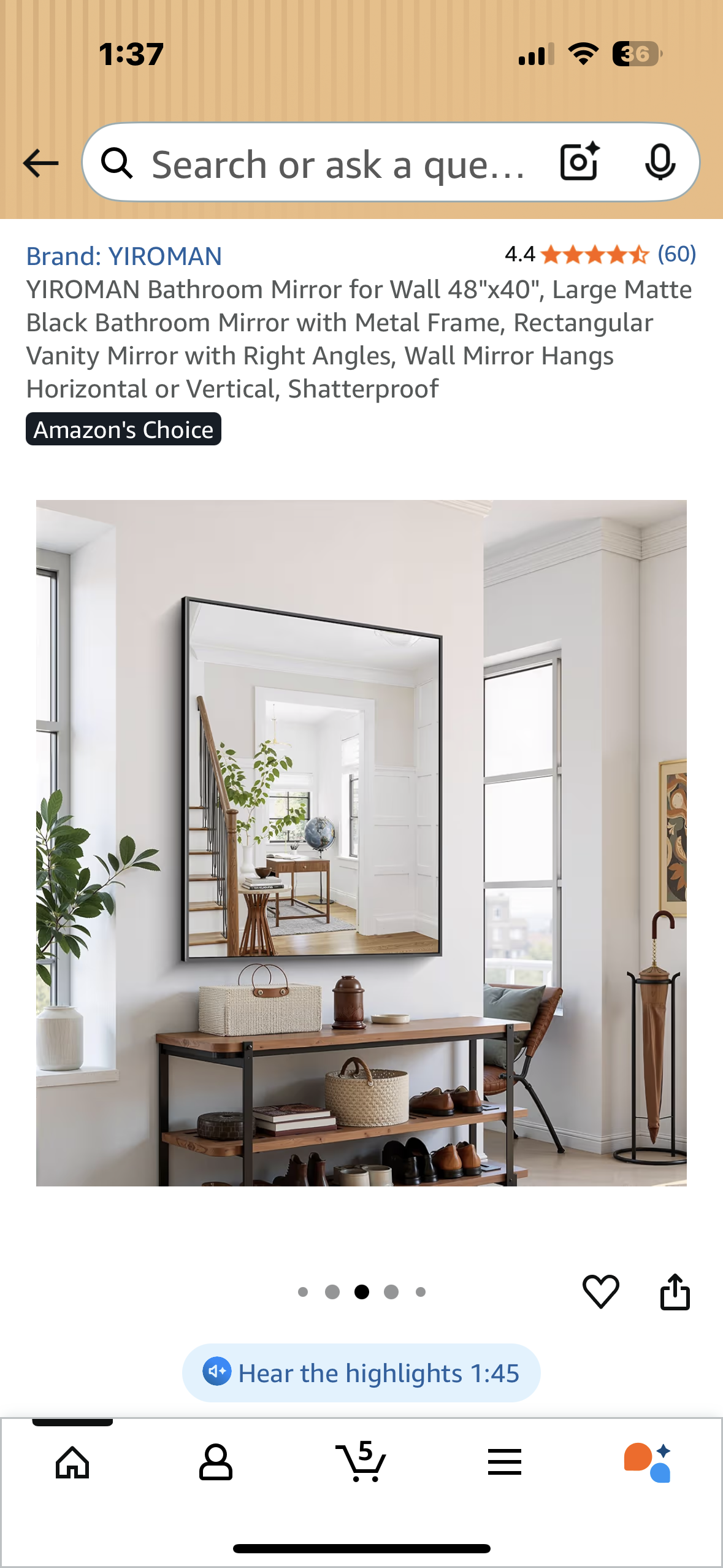 YIROMAN Wall Mirror 48"x40", Large Matte Black Mirror with Metal Frame, Rectangular Vanity Mirror with Right Angles, Wall Mirror Hangs Horizontal or Vertical, Shatterproof (M400)