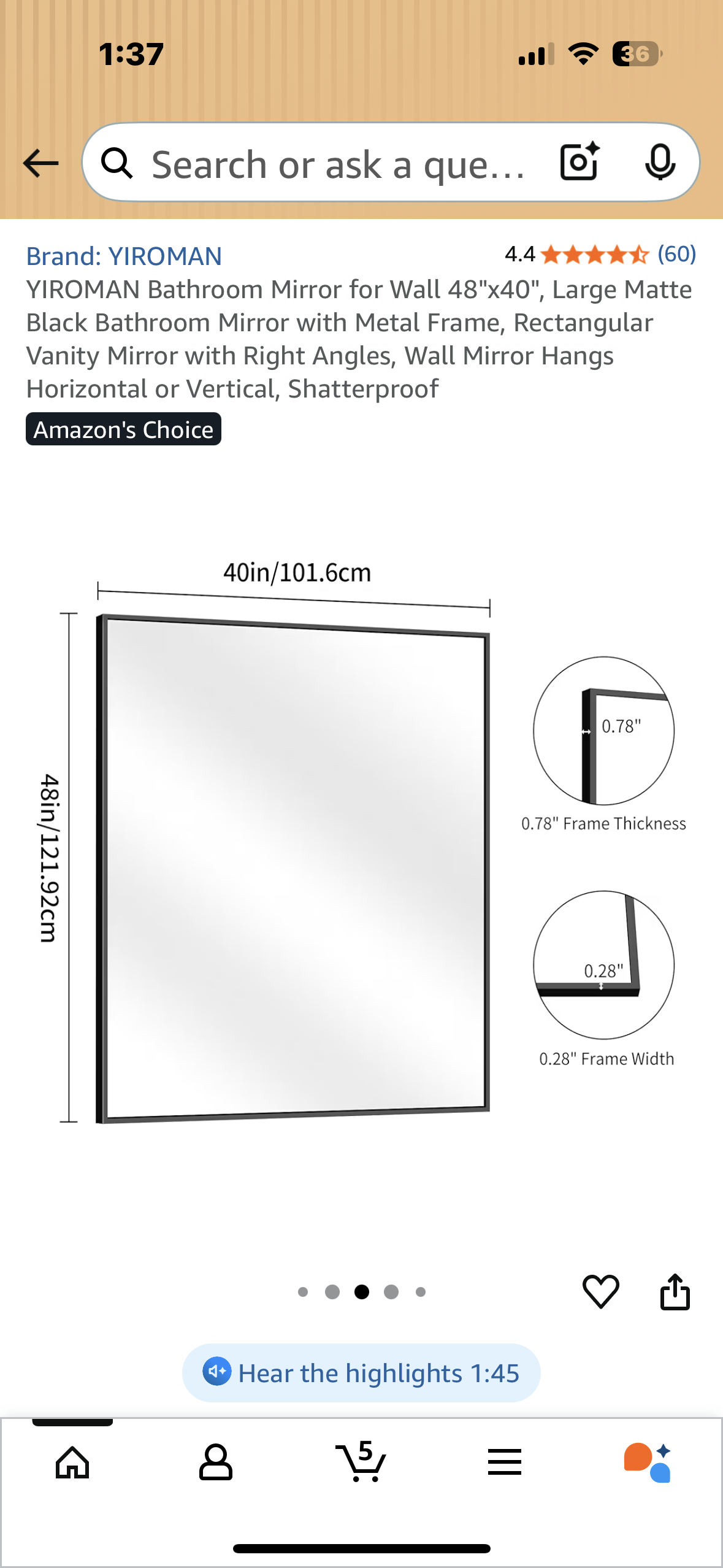 YIROMAN Wall Mirror 48"x40", Large Matte Black Mirror with Metal Frame, Rectangular Vanity Mirror with Right Angles, Wall Mirror Hangs Horizontal or Vertical, Shatterproof (M400)