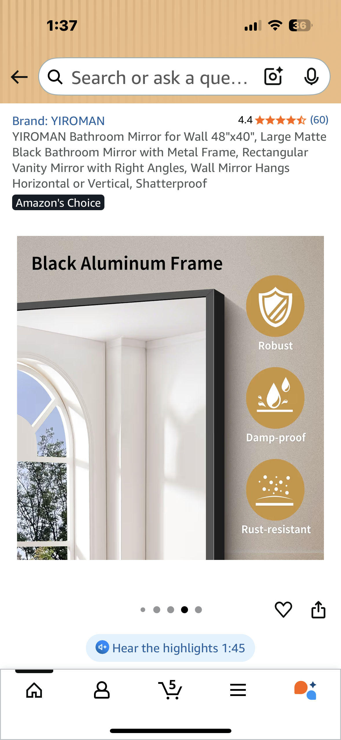 YIROMAN Wall Mirror 48"x40", Large Matte Black Mirror with Metal Frame, Rectangular Vanity Mirror with Right Angles, Wall Mirror Hangs Horizontal or Vertical, Shatterproof (M400)