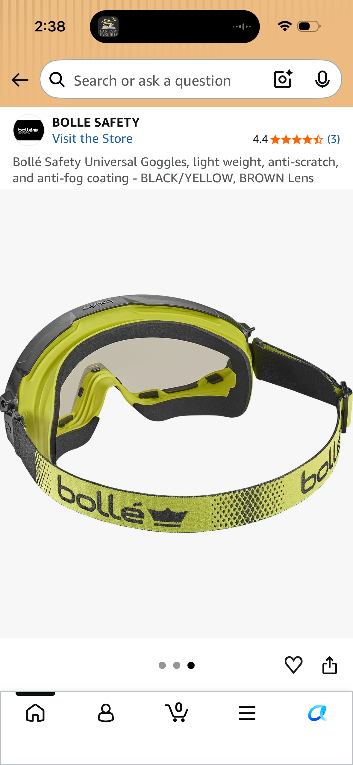 Bollé Safety Universal Goggles, light weight, anti-scratch, and anti-fog coating - BLACK/YELLOW, BROWN Lens