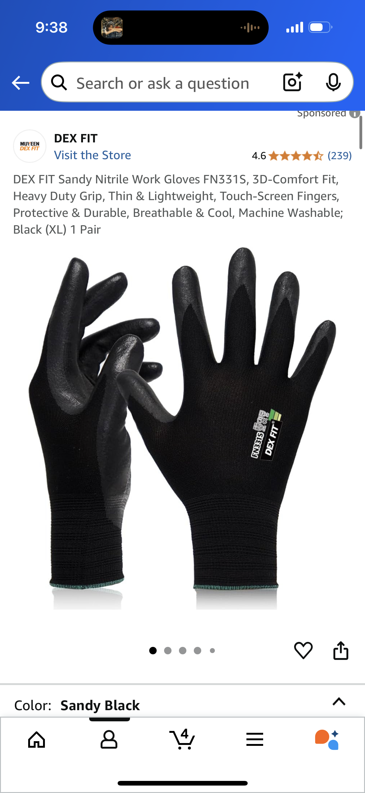 DEX FIT Sandy Nitrile Work Gloves FN331S, 3D-Comfort Fit, Heavy Duty Grip, Thin & Lightweight, Touch-Screen Fingers, Protective & Durable, Breathable & Cool, Machine Washable; Black (XL) 1 Pair