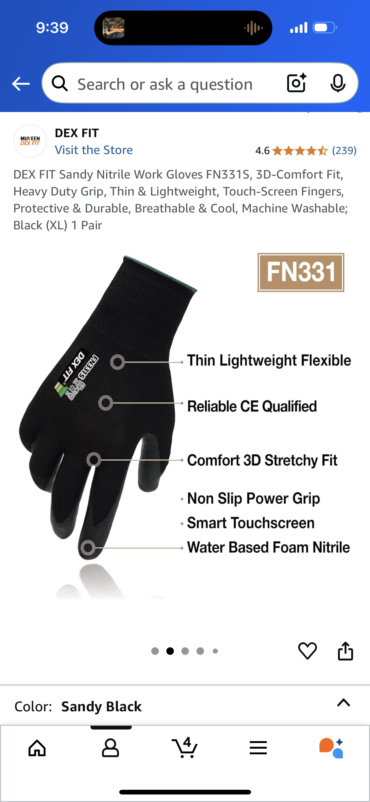 DEX FIT Sandy Nitrile Work Gloves FN331S, 3D-Comfort Fit, Heavy Duty Grip, Thin & Lightweight, Touch-Screen Fingers, Protective & Durable, Breathable & Cool, Machine Washable; Black (XL) 1 Pair
