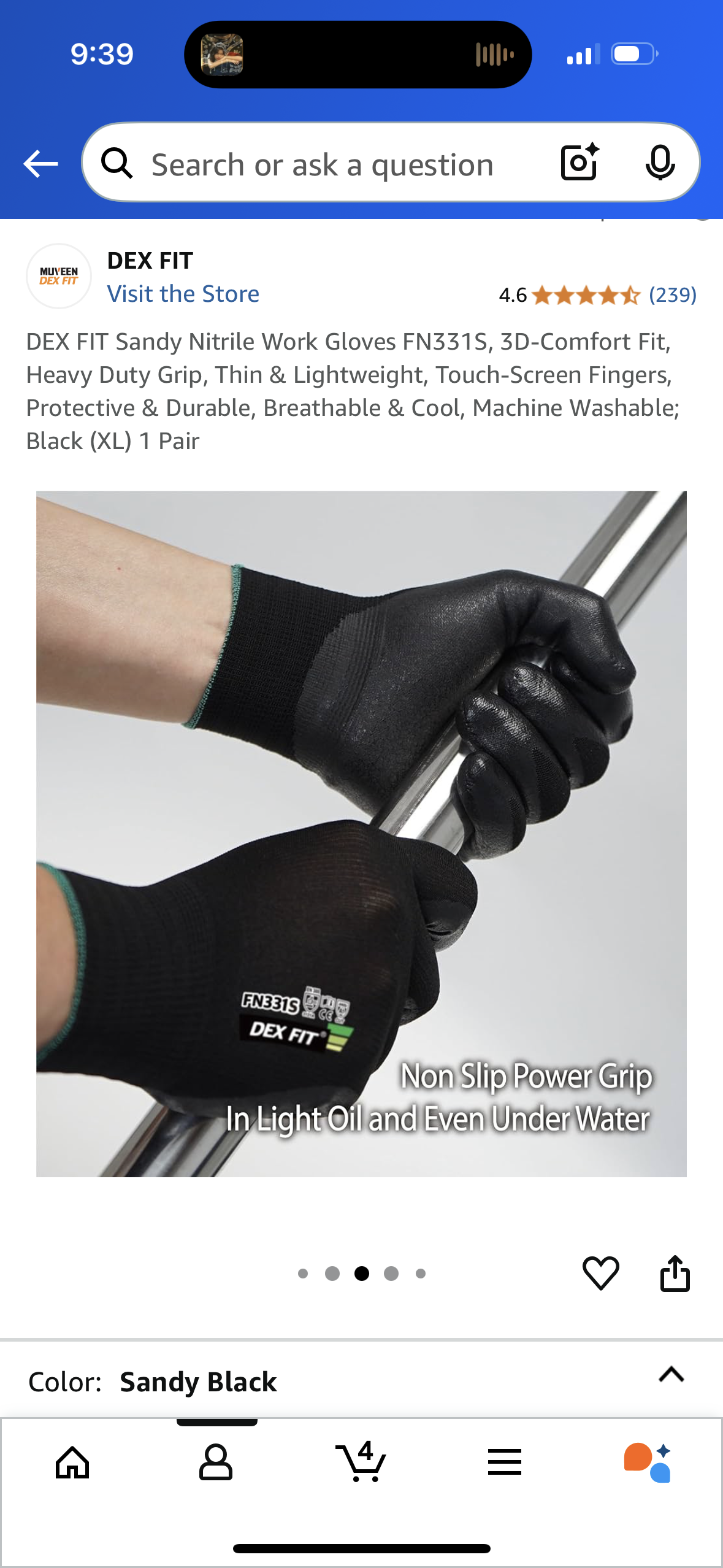 DEX FIT Sandy Nitrile Work Gloves FN331S, 3D-Comfort Fit, Heavy Duty Grip, Thin & Lightweight, Touch-Screen Fingers, Protective & Durable, Breathable & Cool, Machine Washable; Black (XL) 1 Pair