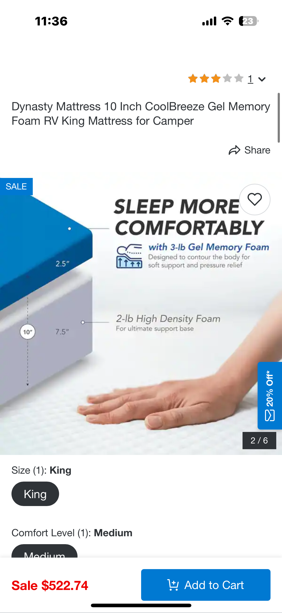 New - Dynasty Mattress 10 Inch CoolBreeze Gel Memory Foam RV Short King Mattress for Camper (B902)