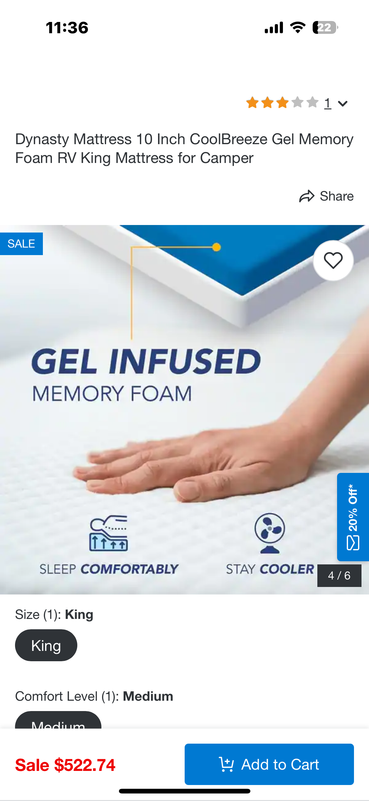 New - Dynasty Mattress 10 Inch CoolBreeze Gel Memory Foam RV Short King Mattress for Camper (B902)