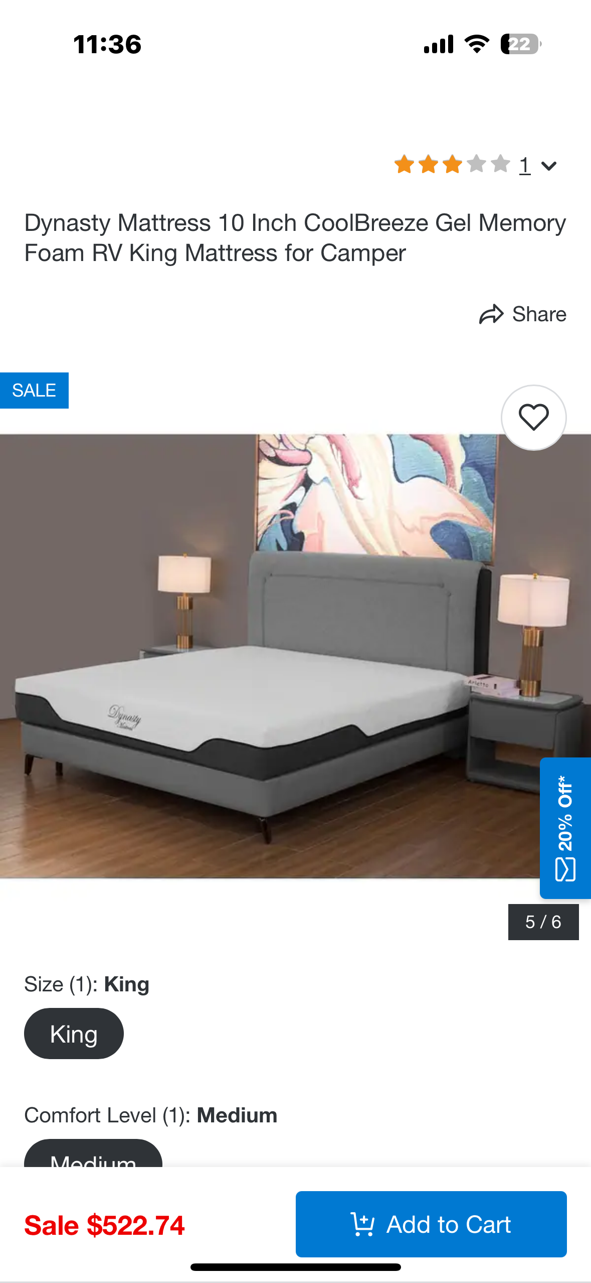New - Dynasty Mattress 10 Inch CoolBreeze Gel Memory Foam RV Short King Mattress for Camper (B902)