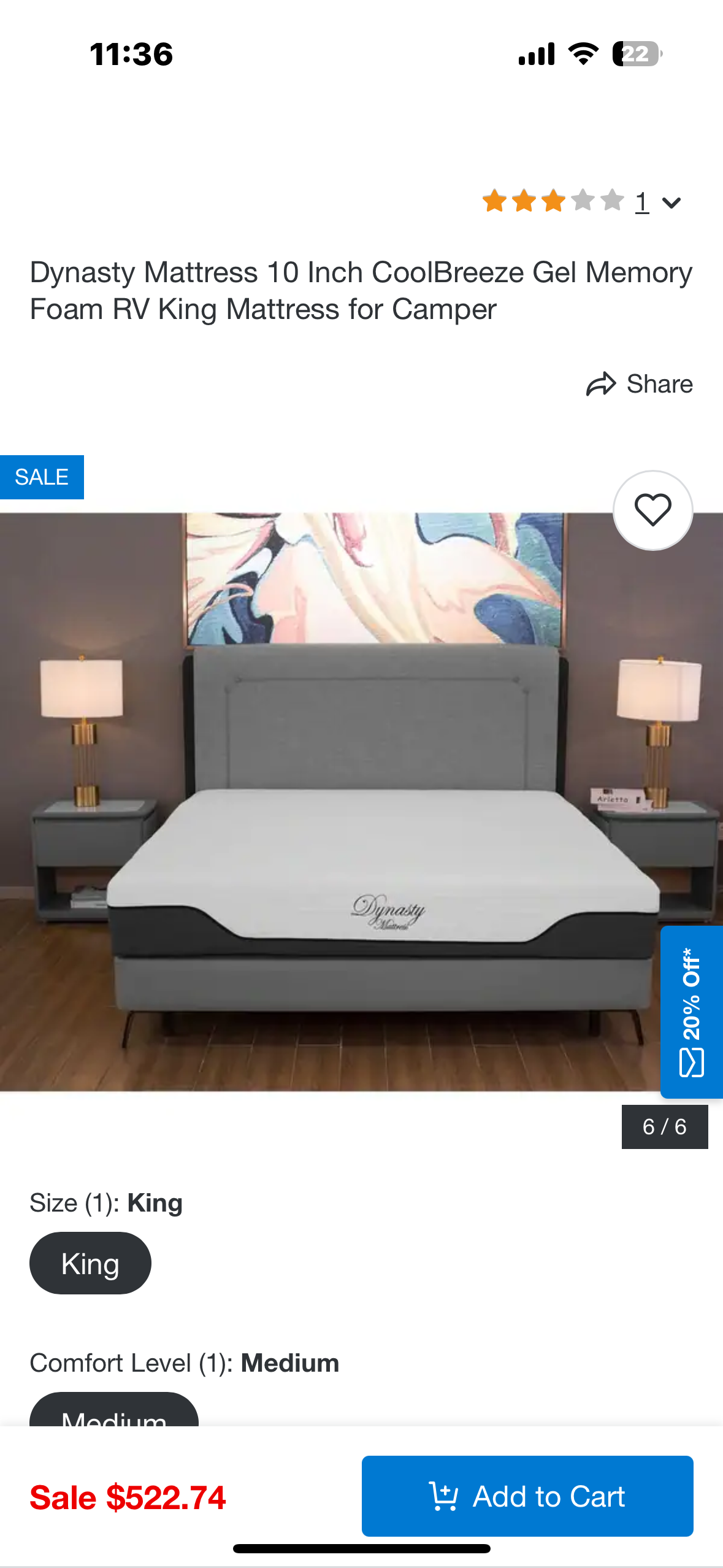 New - Dynasty Mattress 10 Inch CoolBreeze Gel Memory Foam RV Short King Mattress for Camper (B902)