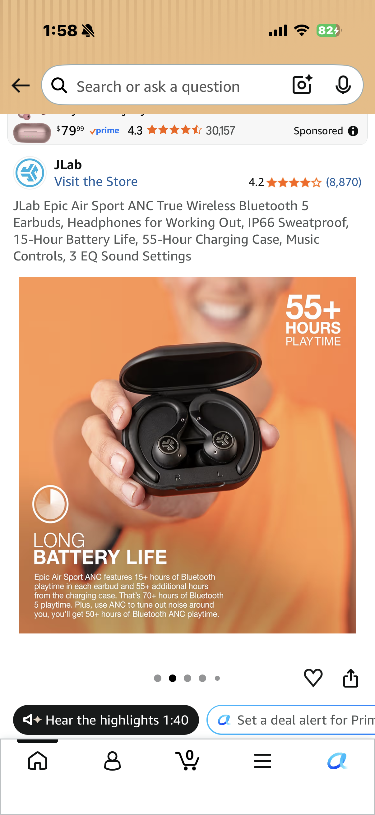 JLab Epic Air Sport ANC True Wireless Bluetooth 5 Earbuds, Headphones for Working Out, IP66 Sweatproof, 15-Hour Battery Life, 55-Hour Charging Case, Music Controls, 3 EQ Sound Settings