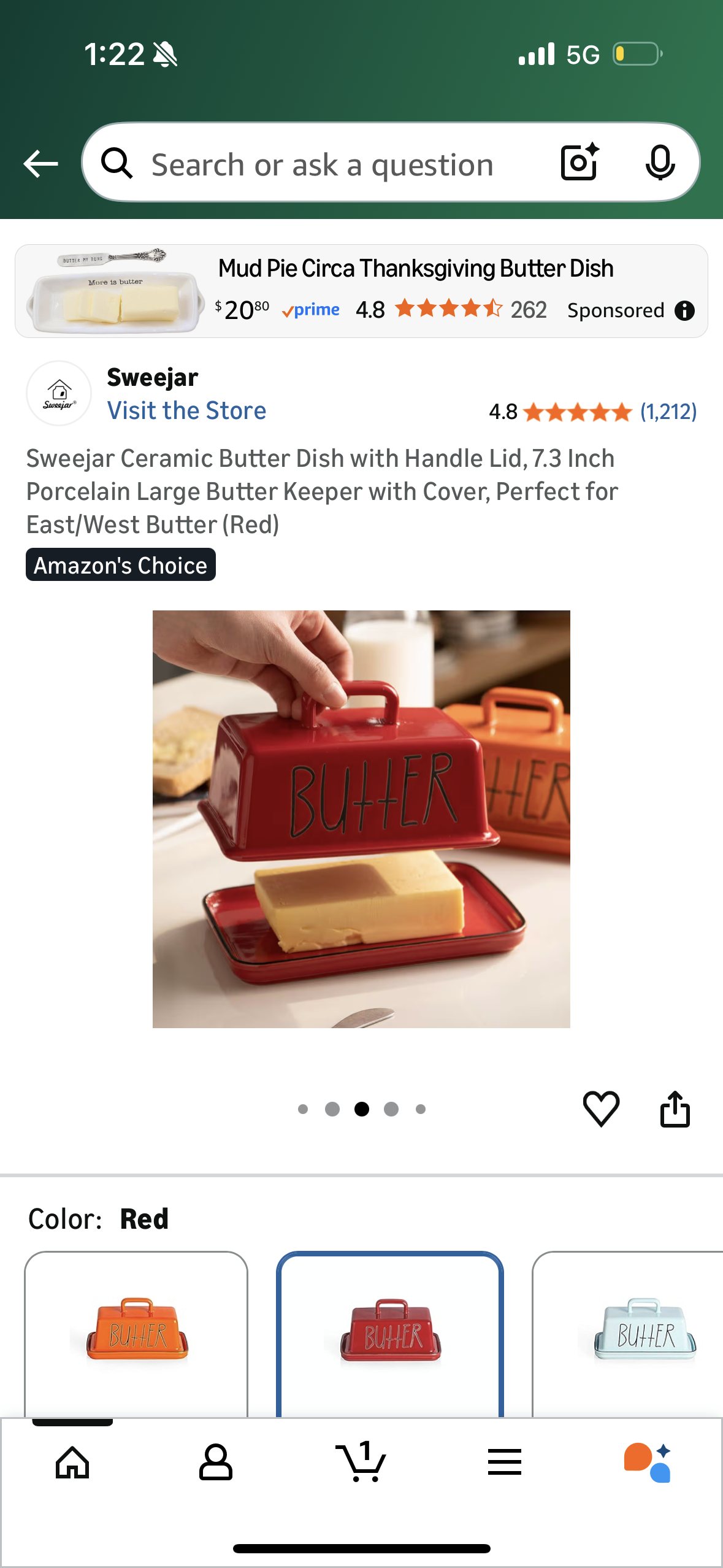 Sweejar Ceramic Butter Dish with Handle Lid, 7.3 Inch Porcelain Large Butter Keeper with Cover, Perfect for East/West Butter (Red)