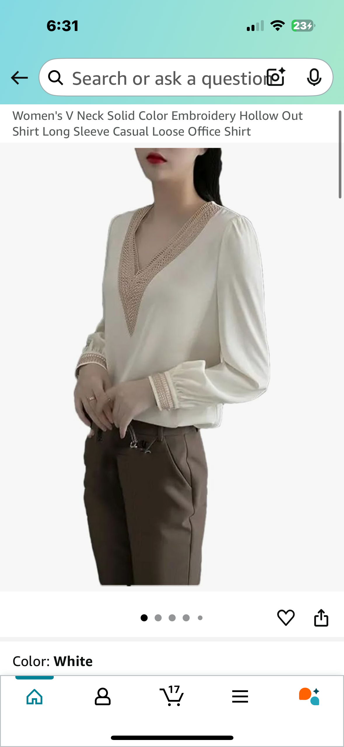 Silky Women’s Long Sleeve Embroidery Satin V-Neck Blouse (Size Large)