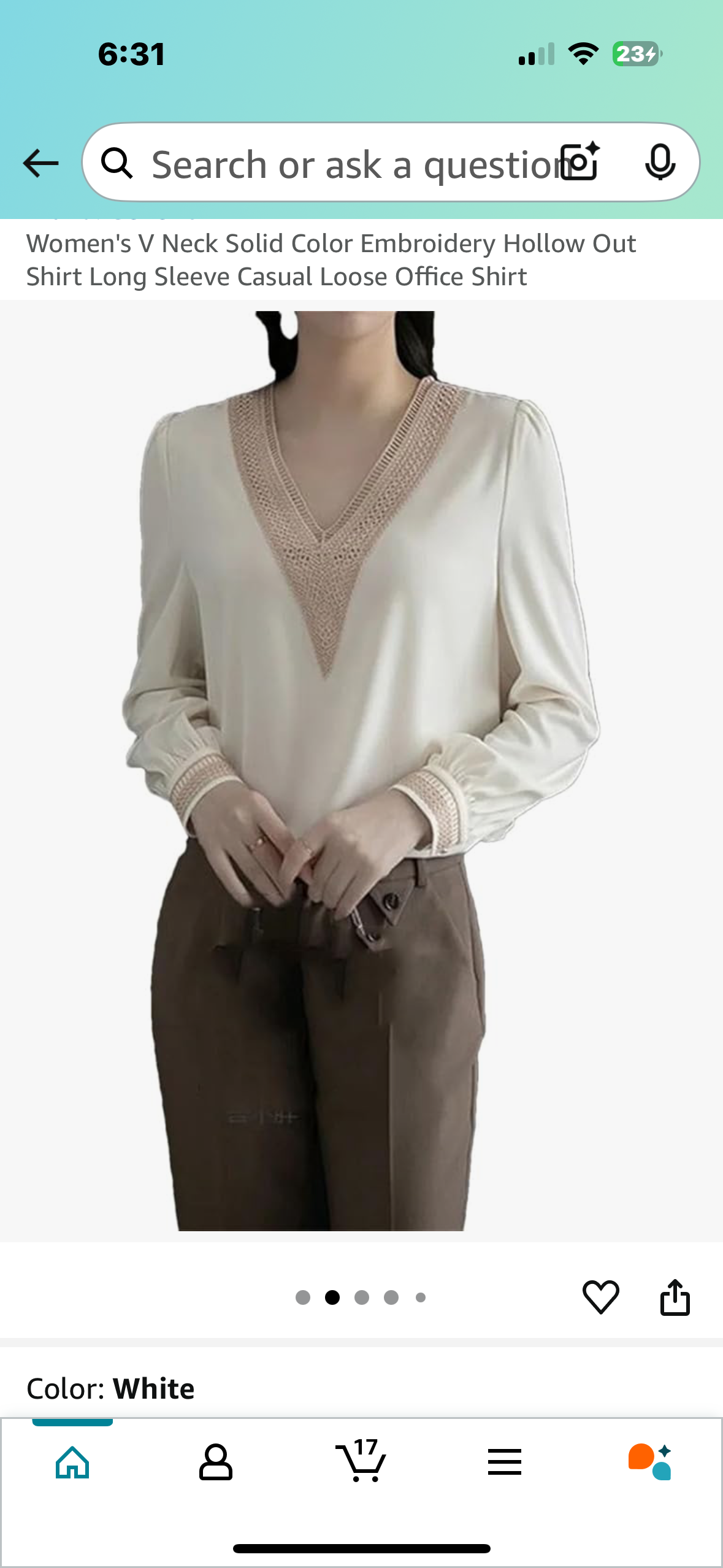Silky Women’s Long Sleeve Embroidery Satin V-Neck Blouse (Size Large)