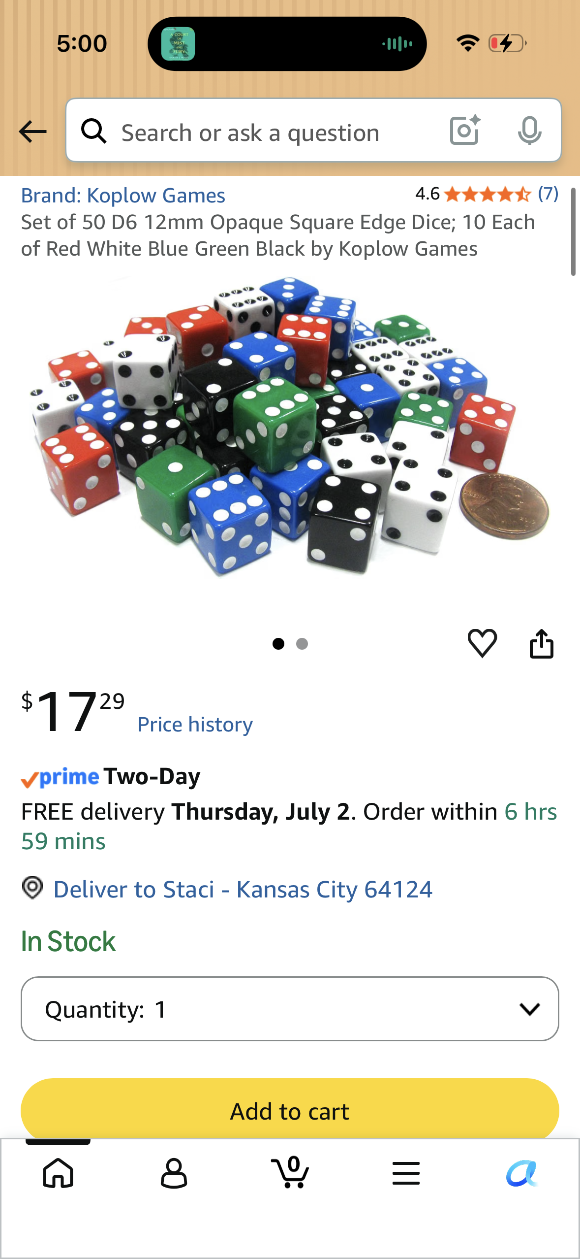 Set of 50 D6 12mm Opaque Square Edge Dice; 10 Each of Red White Blue Green Black by Koplow Games