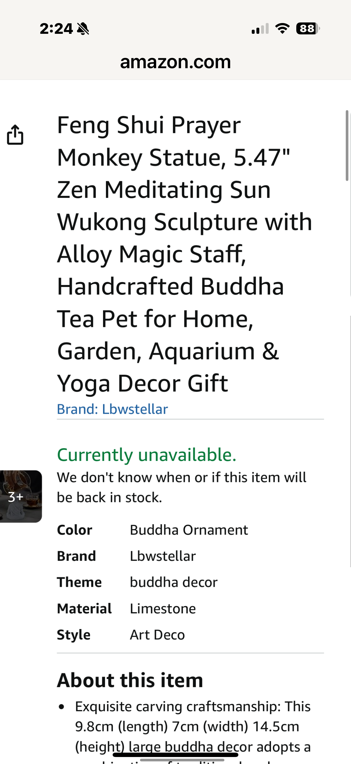 Feng Shui Prayer Monkey Statue, 5.47" Zen Meditating Sun Wukong Sculpture with Alloy Magic Staff, Handcrafted Buddha Tea Pet for Home, Garden, Aquarium & Yoga Decor Gift