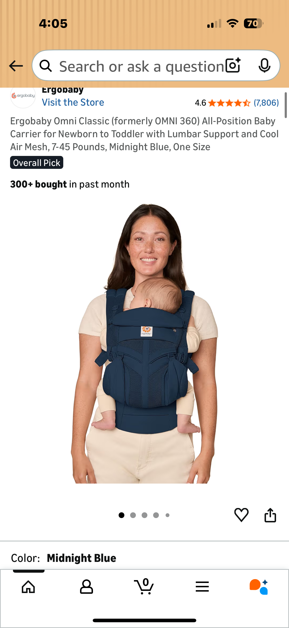 Ergobaby Omni Classic (formerly OMNI 360) All-Position Baby Carrier for Newborn to Toddler with Lumbar Support and Cool Air Mesh, 7-45 Pounds, Midnight Blue, One Size of