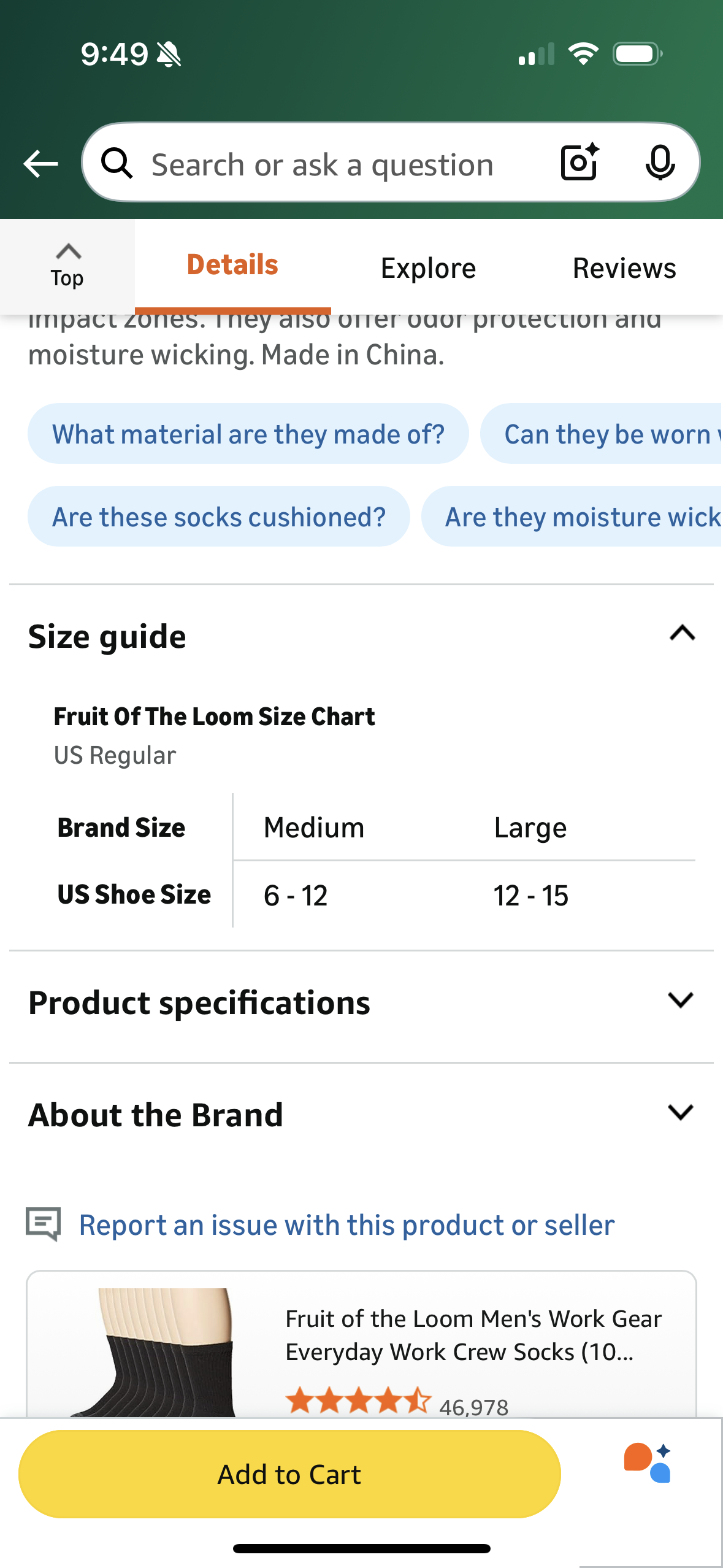 Fruit of the Loom Men's Work Gear Crew Socks, 6-Pack, Black, Large, Model# FRM10124C6C2001 Black