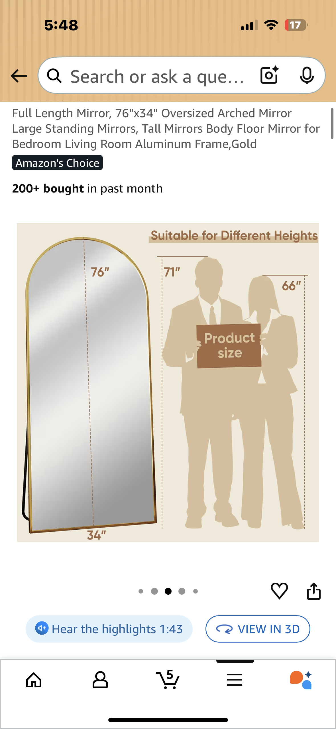Full Length Mirror, 76"x34" Oversized Gold Arched Mirror for Bedroom, Living Room, Aluminum Frame, Gold (M402)
