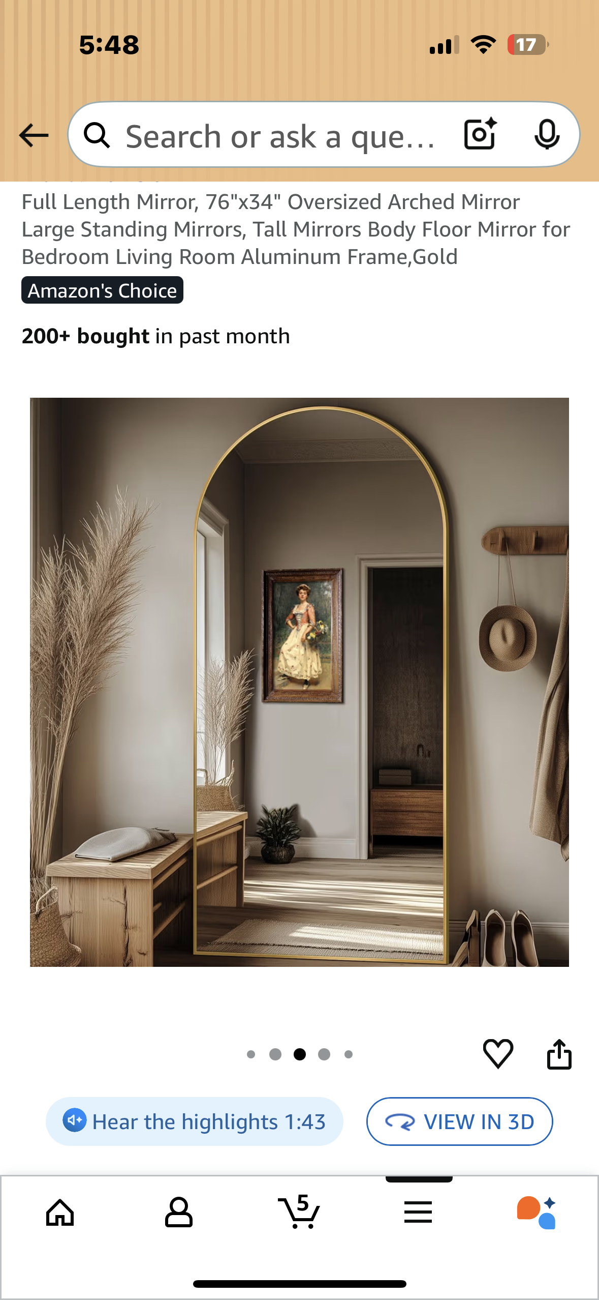 Full Length Mirror, 76"x34" Oversized Gold Arched Mirror for Bedroom, Living Room, Aluminum Frame, Gold (M402)
