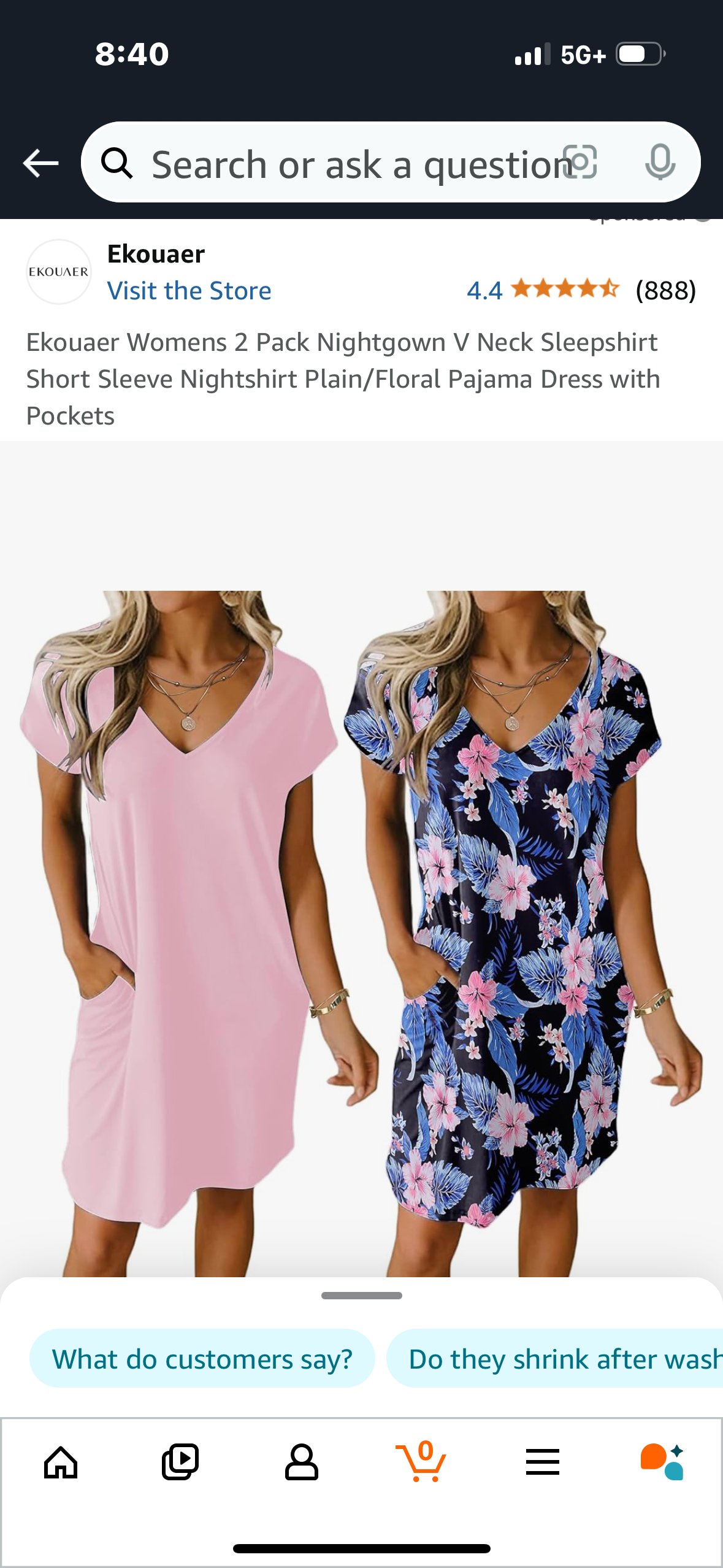 Ekouaer Womens 2 Pack Nightgown V Neck Sleepshirt Short Sleeve Nightshirt Plain/Floral Pajama Dress with Pockets