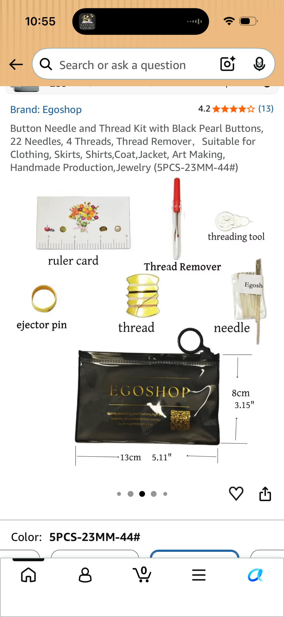Button Needle and Thread Kit with 10 Pcs 18mm Gold Net Black Pearl Buttons, 22 Needles, 4 Threads, Thread Remover,Suitable for Clothing, Skirts, Handmade Production, Jewelry (10pcs-18mm-48#)