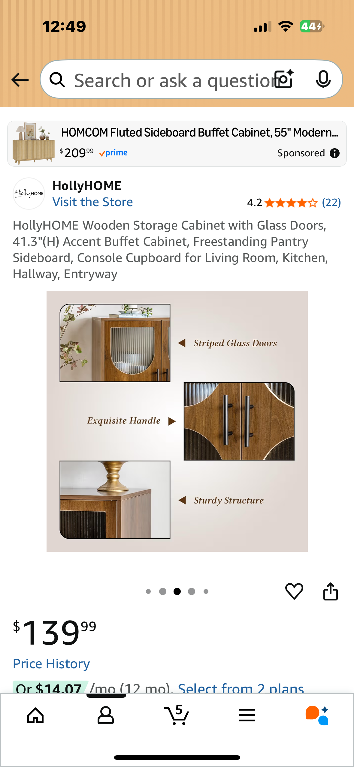 HollyHOME Wooden Storage Cabinet with Glass Doors, 41.3"(H) Accent Buffet Cabinet, Freestanding Pantry Sideboard, Console Cupboard for Living Room, Kitchen, Hallway, Entryway (L1074)