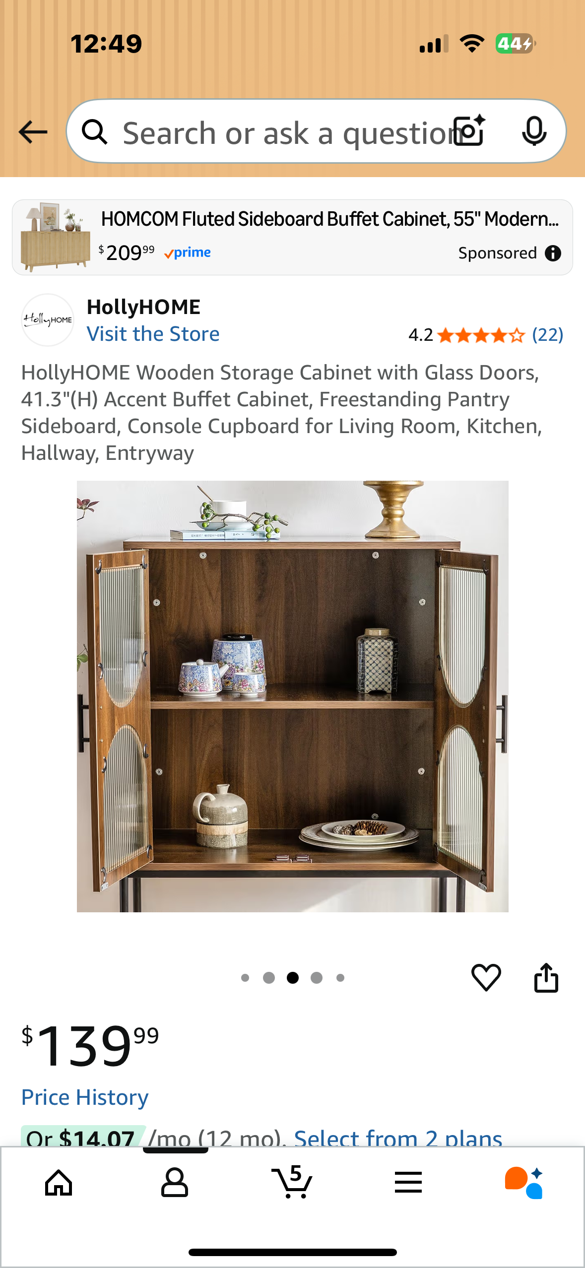 HollyHOME Wooden Storage Cabinet with Glass Doors, 41.3"(H) Accent Buffet Cabinet, Freestanding Pantry Sideboard, Console Cupboard for Living Room, Kitchen, Hallway, Entryway (L1074)