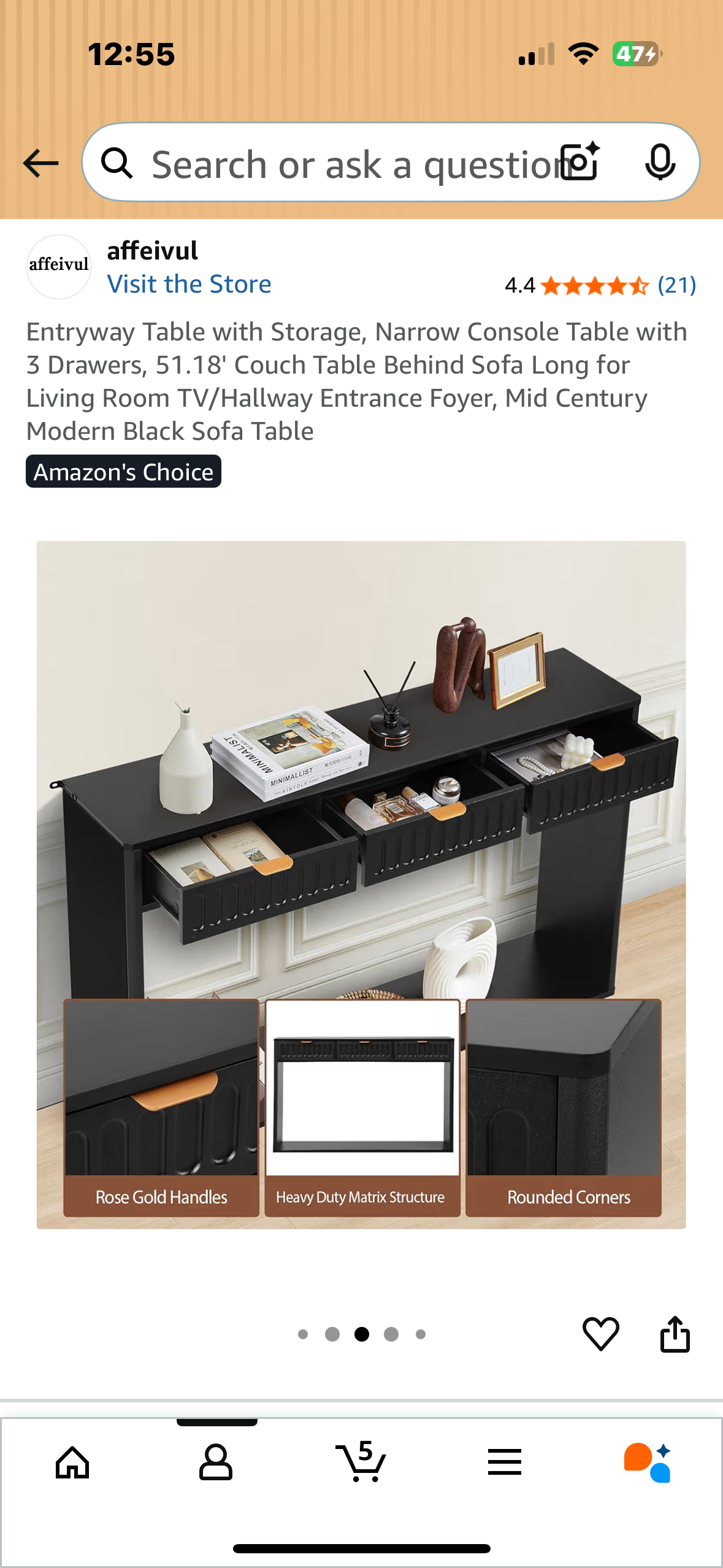 Entryway Table with Storage, Narrow Console Table with 3 Drawers, 51.18' Couch Table Behind Sofa Long for Living Room TV/Hallway Entrance Foyer, Mid Century Modern Black Sofa Table (L1075)