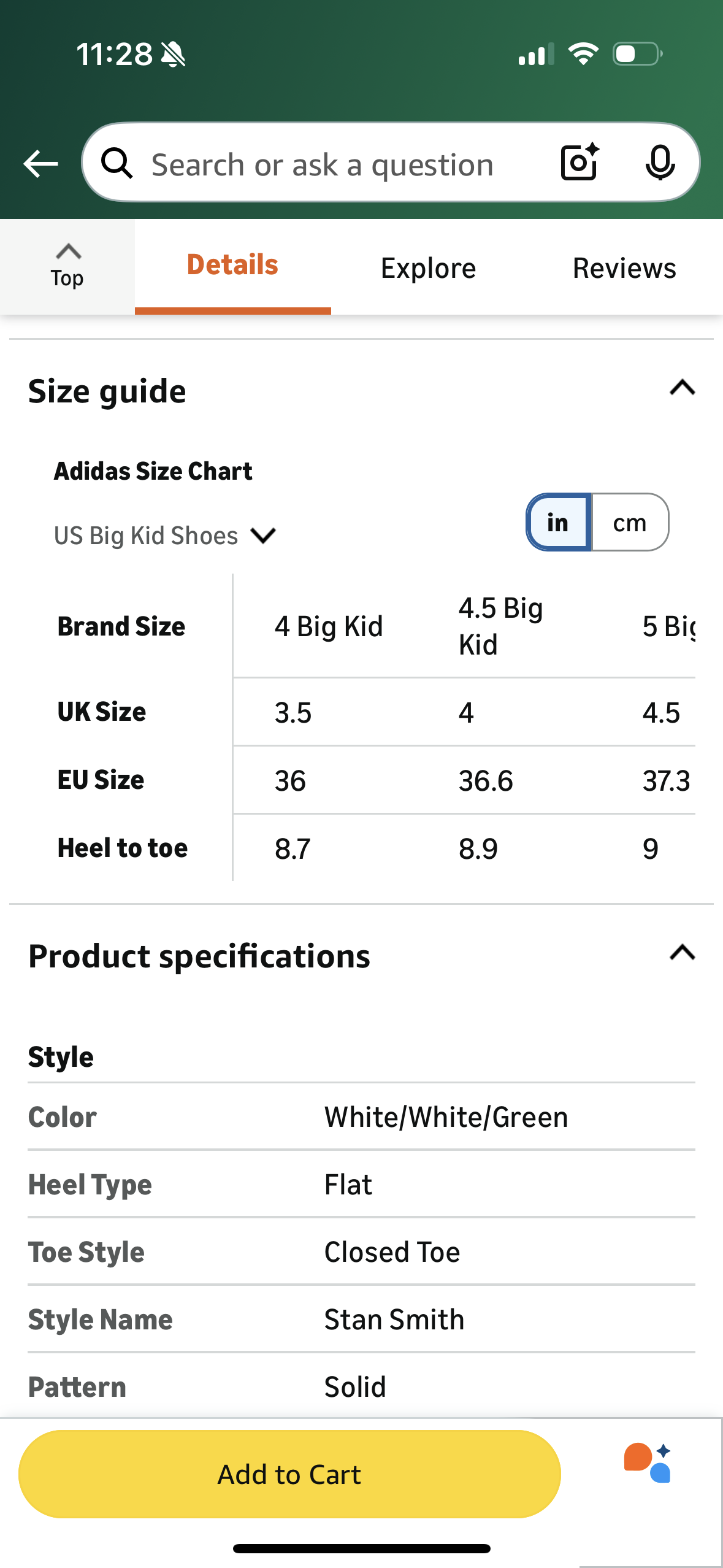 adidas Boys' Stan Smith Sneakers (Size Big Kid 4)