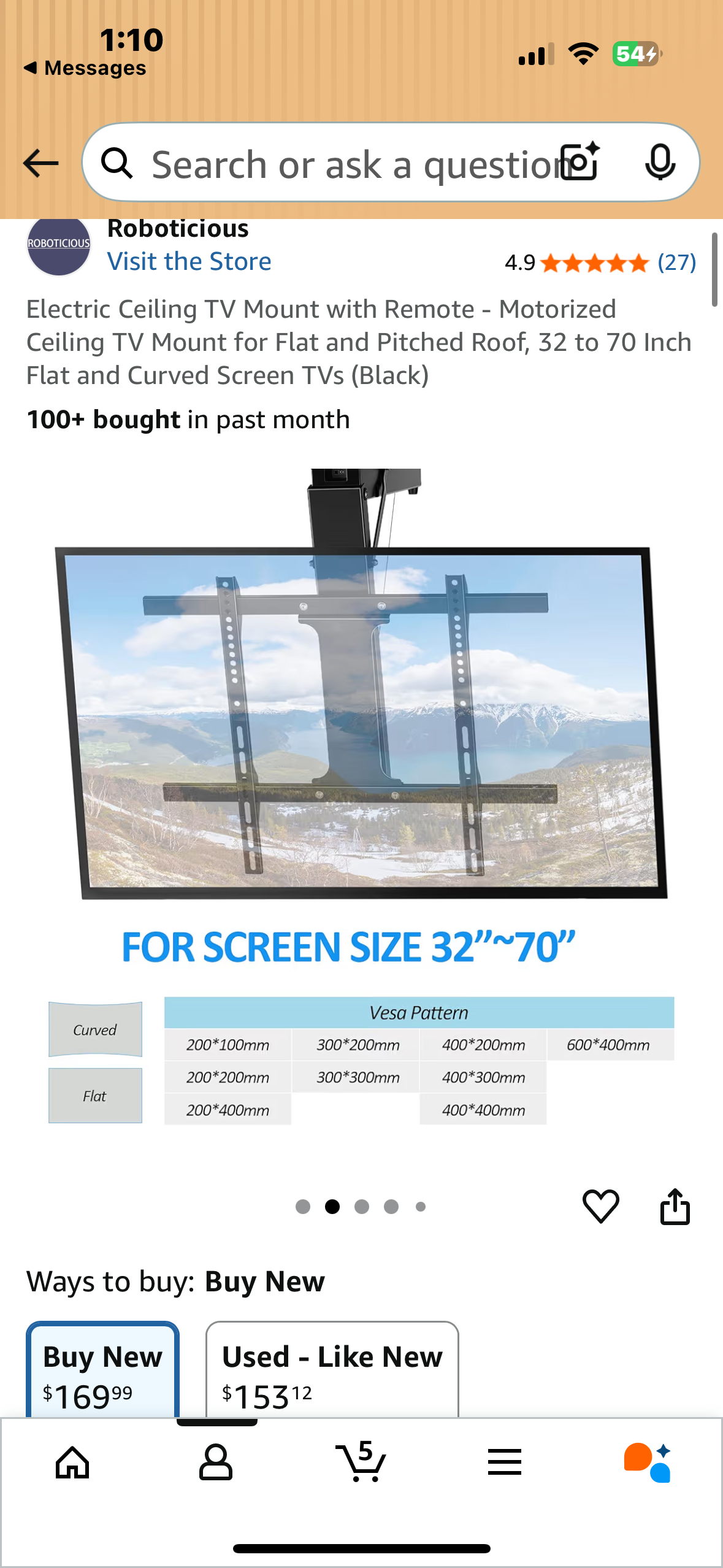 Electric Ceiling TV Mount with Remote - Motorized Ceiling TV Mount for Flat and Pitched Roof, 32 to 70 Inch Flat and Curved Screen TVs (Black) (L1075)