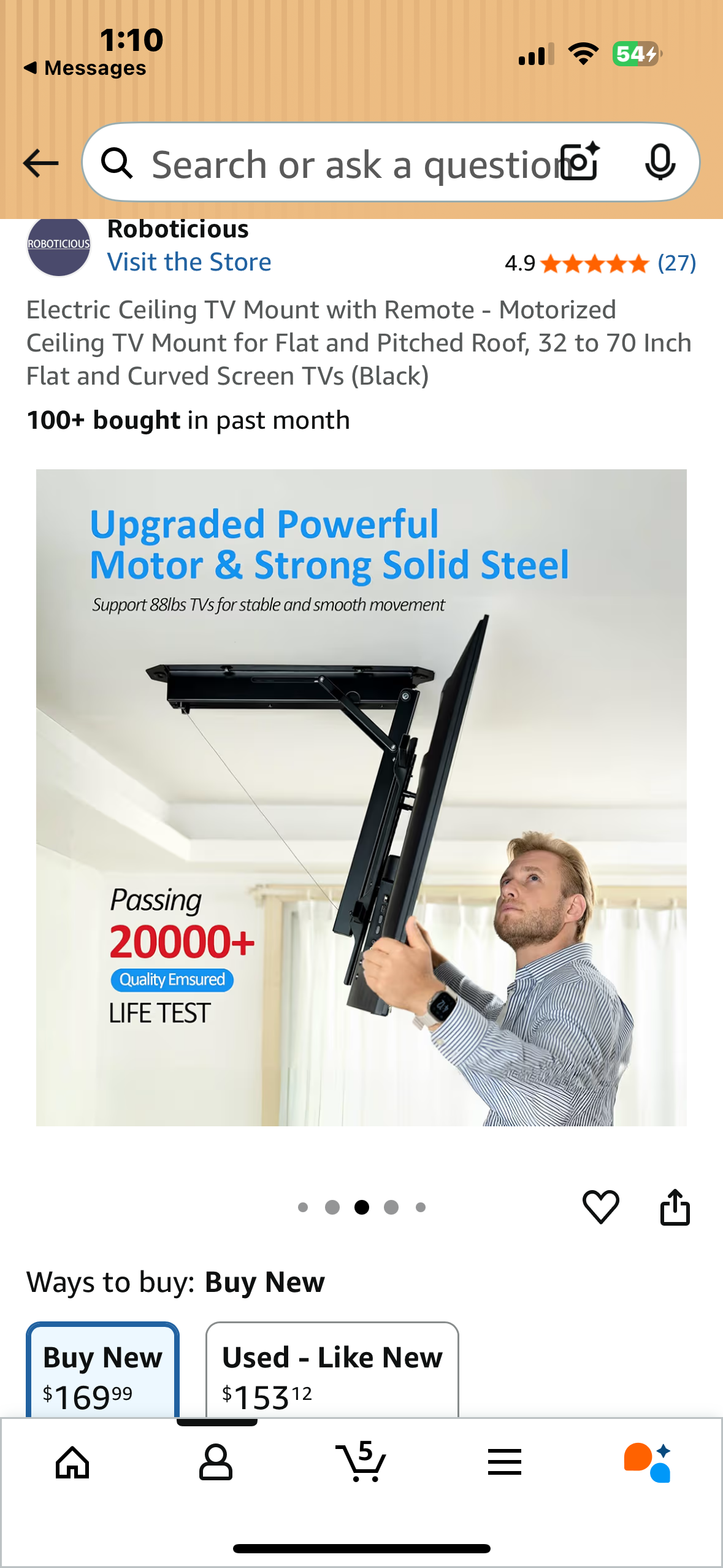 Electric Ceiling TV Mount with Remote - Motorized Ceiling TV Mount for Flat and Pitched Roof, 32 to 70 Inch Flat and Curved Screen TVs (Black) (L1075)