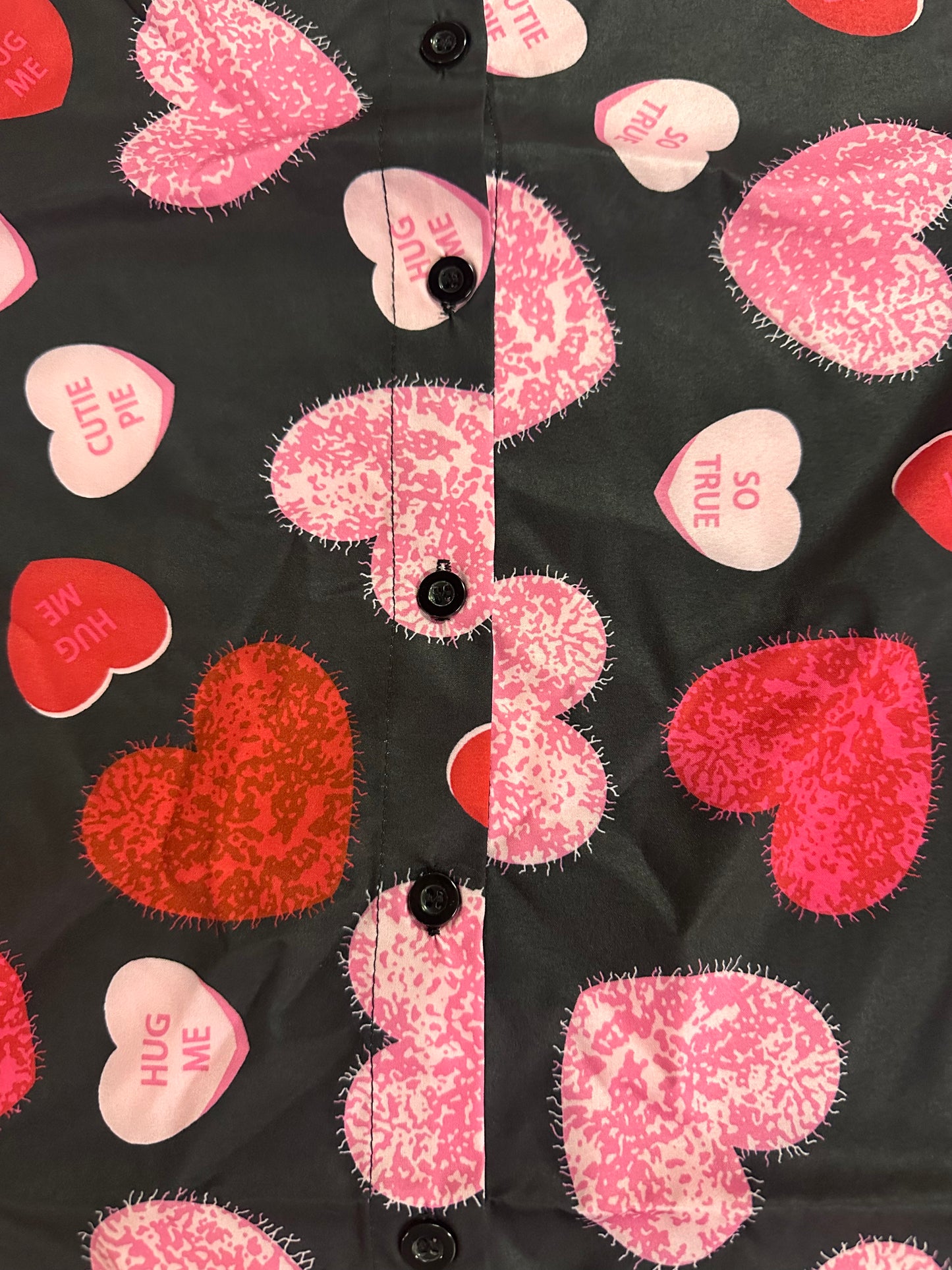 Heart Print Shirt, Short Sleeve Tee, Lapel Button Down Top (Size Adult Small)
