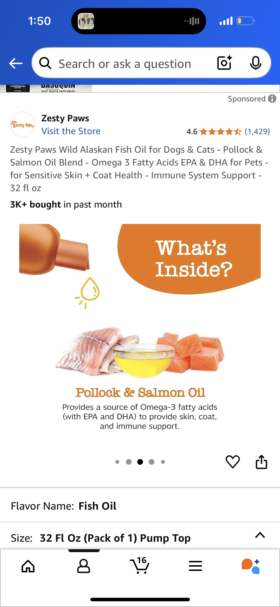 Zesty Paws Wild Alaskan Fish Oil for Dogs & Cats - Pollock & Salmon Oil Blend - Omega 3 Fatty Acids EPA & DHA for Pets - for Sensitive Skin + Coat Health - Immune System Support - 32 fl oz