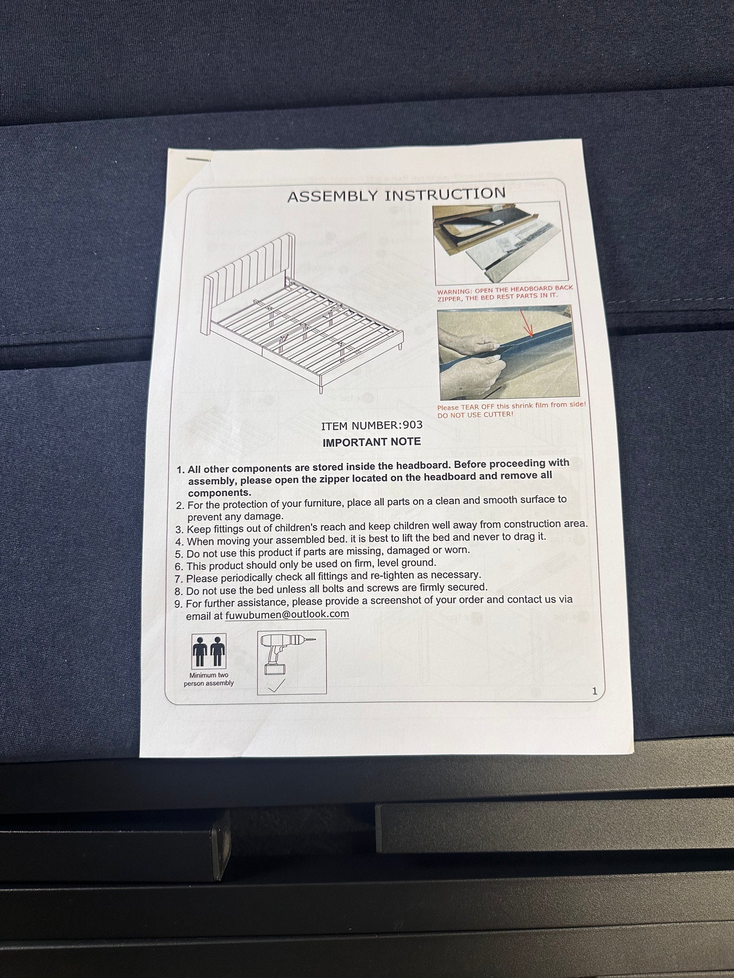 YUHUASHI Full Size upholstered Platform Bed  Bed Frame, Modern Geometric Double-Wing Design headboard/Linen Fabric/Easy to Assemble no Noise (Navy Blue, Full) (B1131)