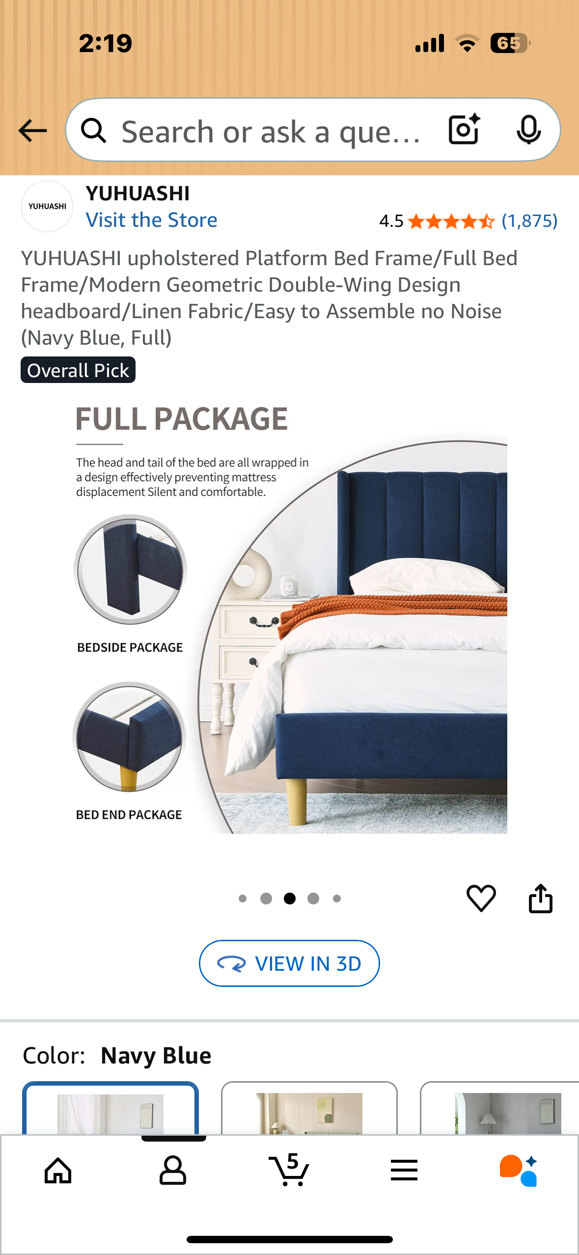 YUHUASHI Full Size upholstered Platform Bed  Bed Frame, Modern Geometric Double-Wing Design headboard/Linen Fabric/Easy to Assemble no Noise (Navy Blue, Full) (B1131)