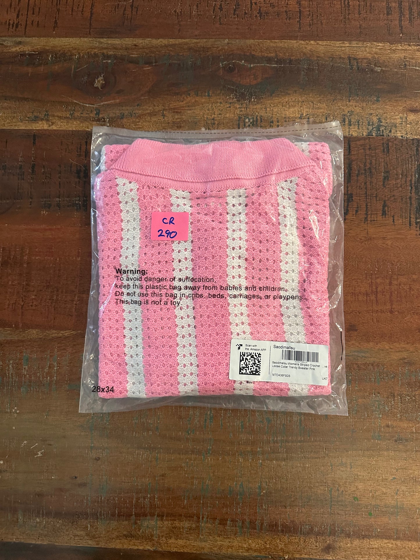 Women’s Striped Crochet Cardigan Button Sweater, Open Front Mesh Knit Long Sleeve V Neck Loose Sweater, Pink (Size Small)