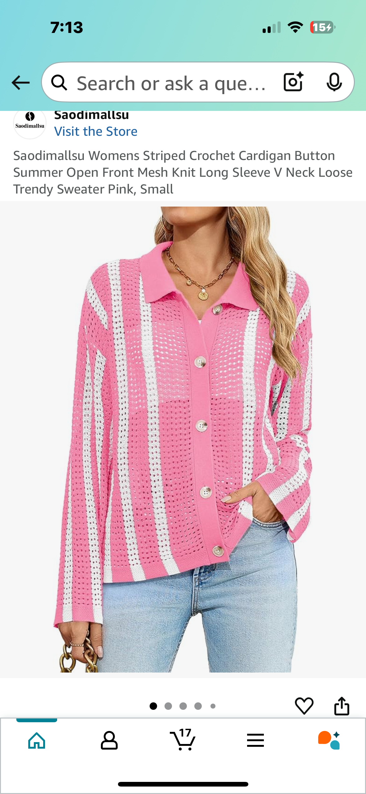 Women’s Striped Crochet Cardigan Button Sweater, Open Front Mesh Knit Long Sleeve V Neck Loose Sweater, Pink (Size Small)