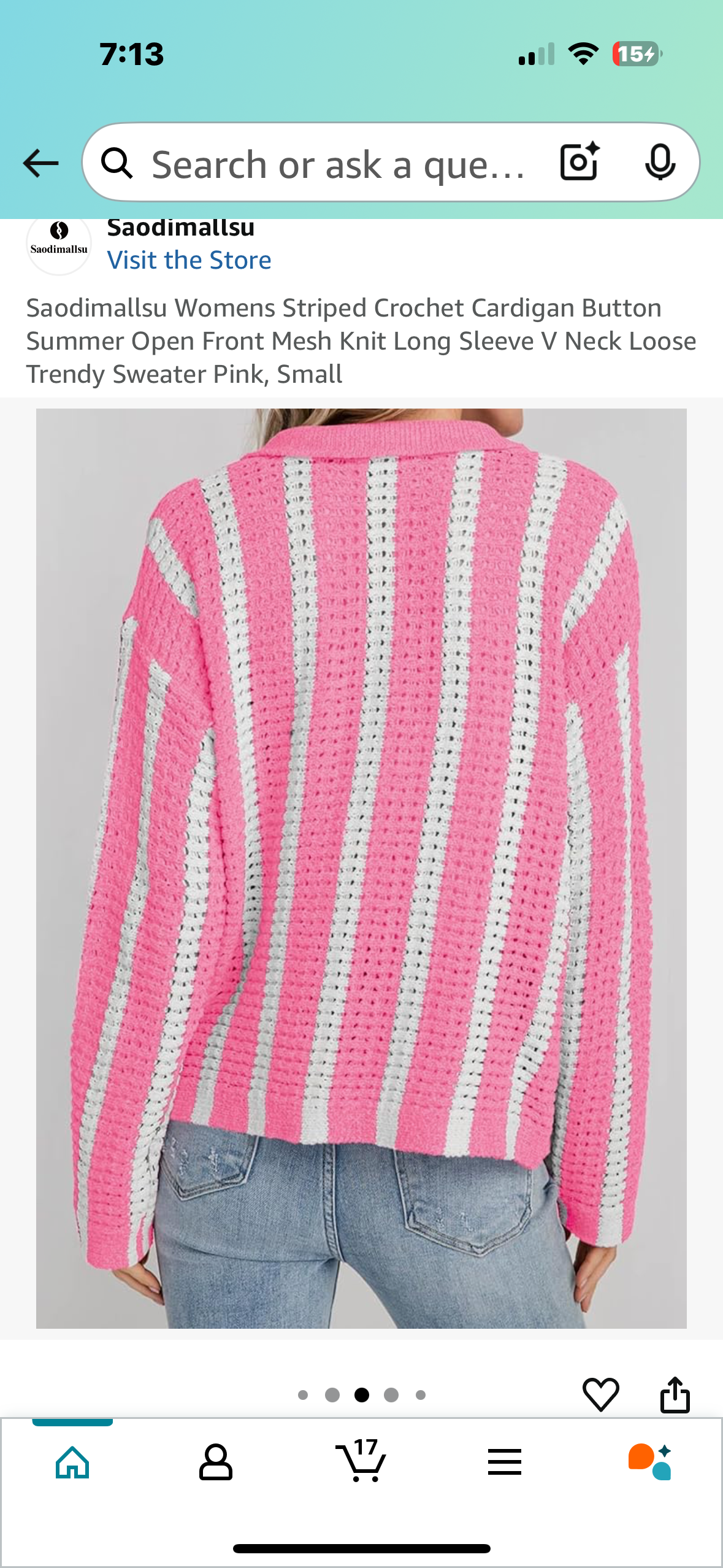 Women’s Striped Crochet Cardigan Button Sweater, Open Front Mesh Knit Long Sleeve V Neck Loose Sweater, Pink (Size Small)