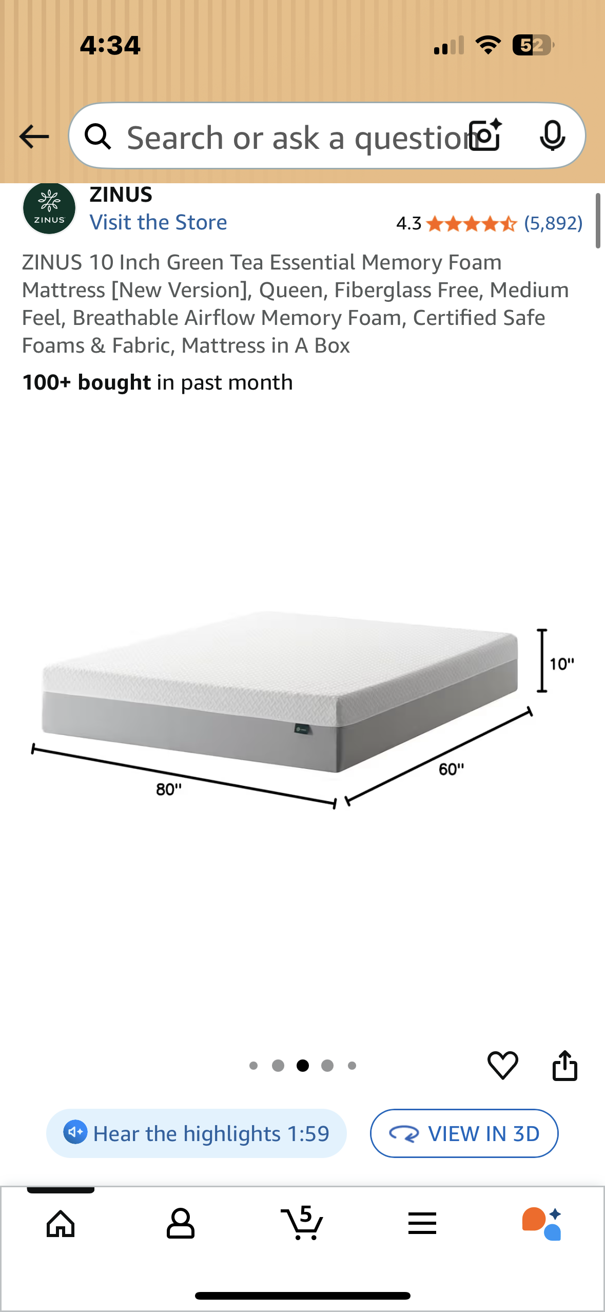 ZINUS Queen Size Green Tea Memory Foam Mattress (B1134)