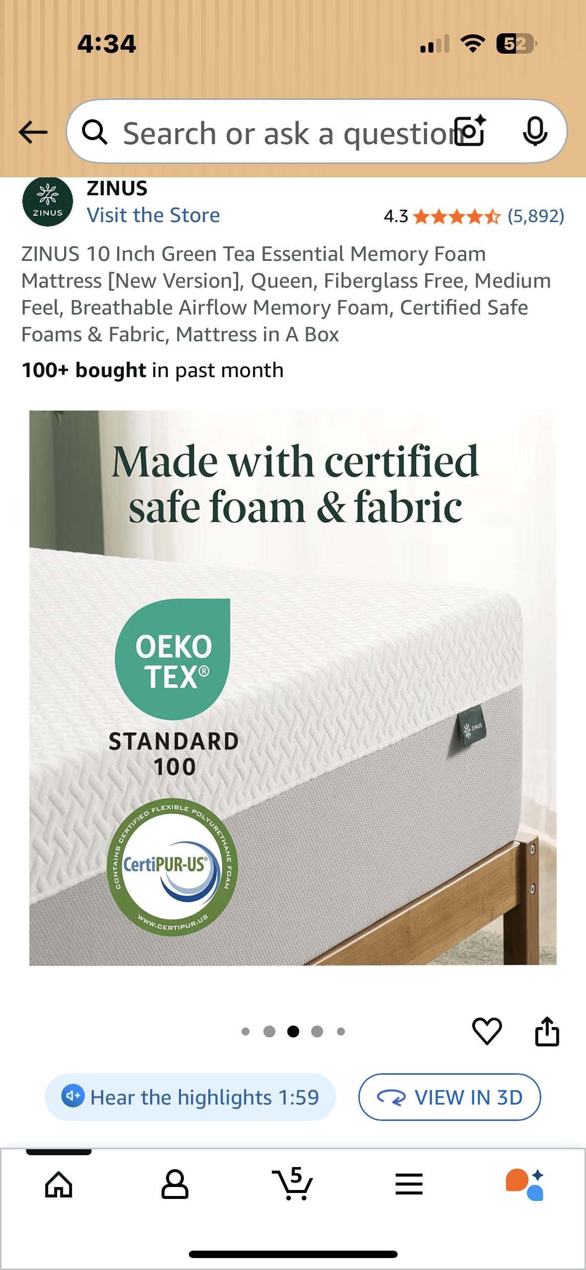 ZINUS Queen Size Green Tea Memory Foam Mattress (B1134)