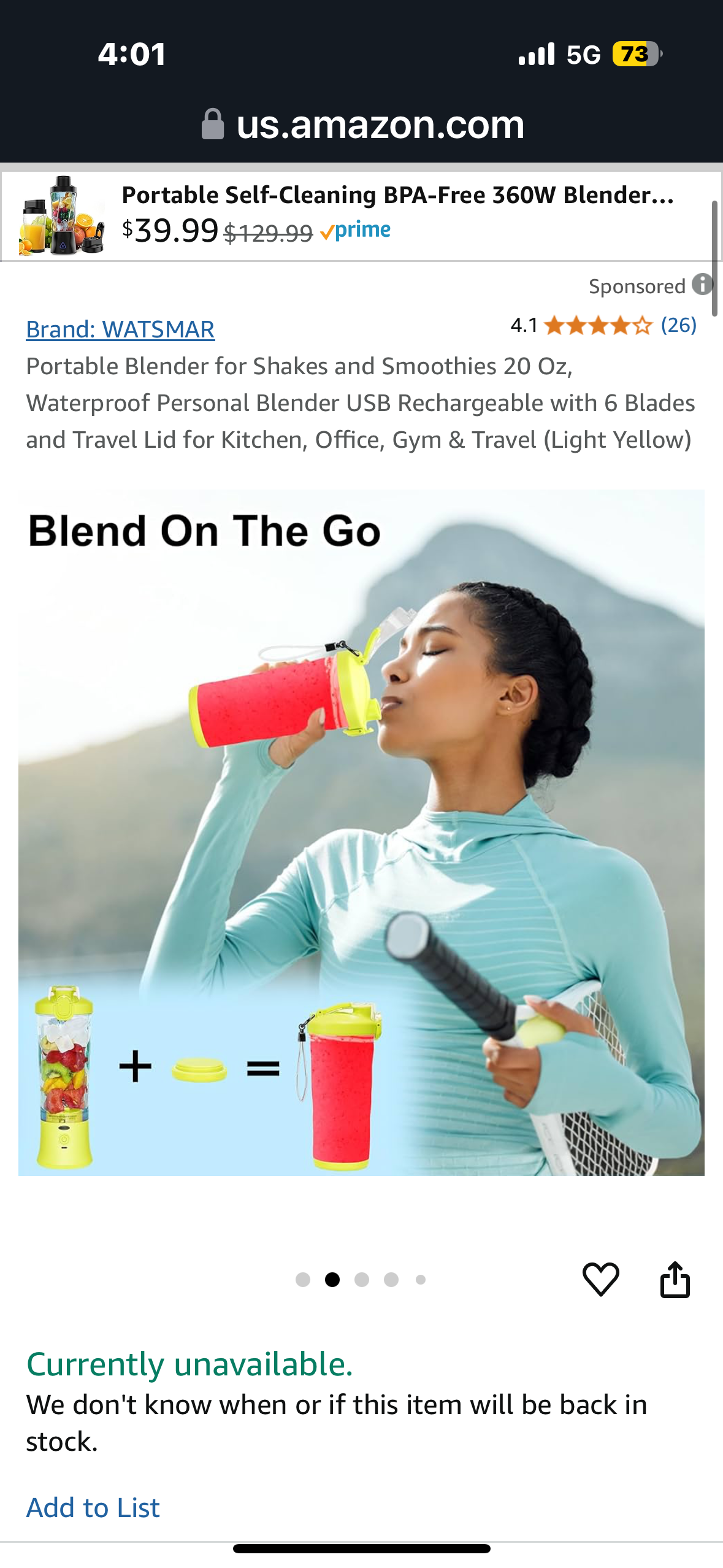 Portable Blender for Shakes and Smoothies 20 Oz, Waterproof Personal Blender USB Rechargeable with 6 Blades and Travel Lid for Kitchen, Office, Gym & Travel (Light Yellow
