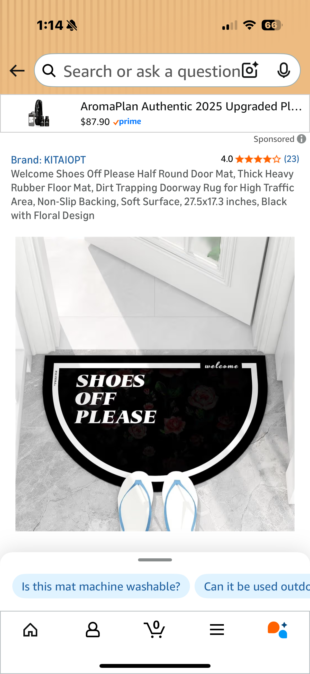 Welcome Shoes Off Please Half Round Door Mat, Thick Heavy Rubber Floor Mat, Dirt Trapping Doorway Rug for High Traffic Area, Non-Slip Backing, Soft Surface, 27.5x17.3 inches, Black with Floral Design