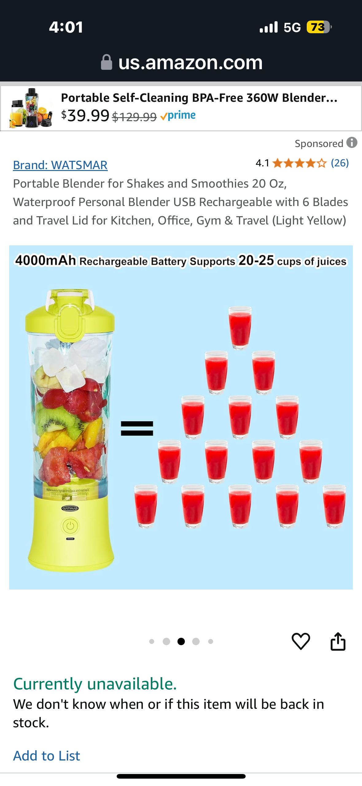 Portable Blender for Shakes and Smoothies 20 Oz, Waterproof Personal Blender USB Rechargeable with 6 Blades and Travel Lid for Kitchen, Office, Gym & Travel (Light Yellow