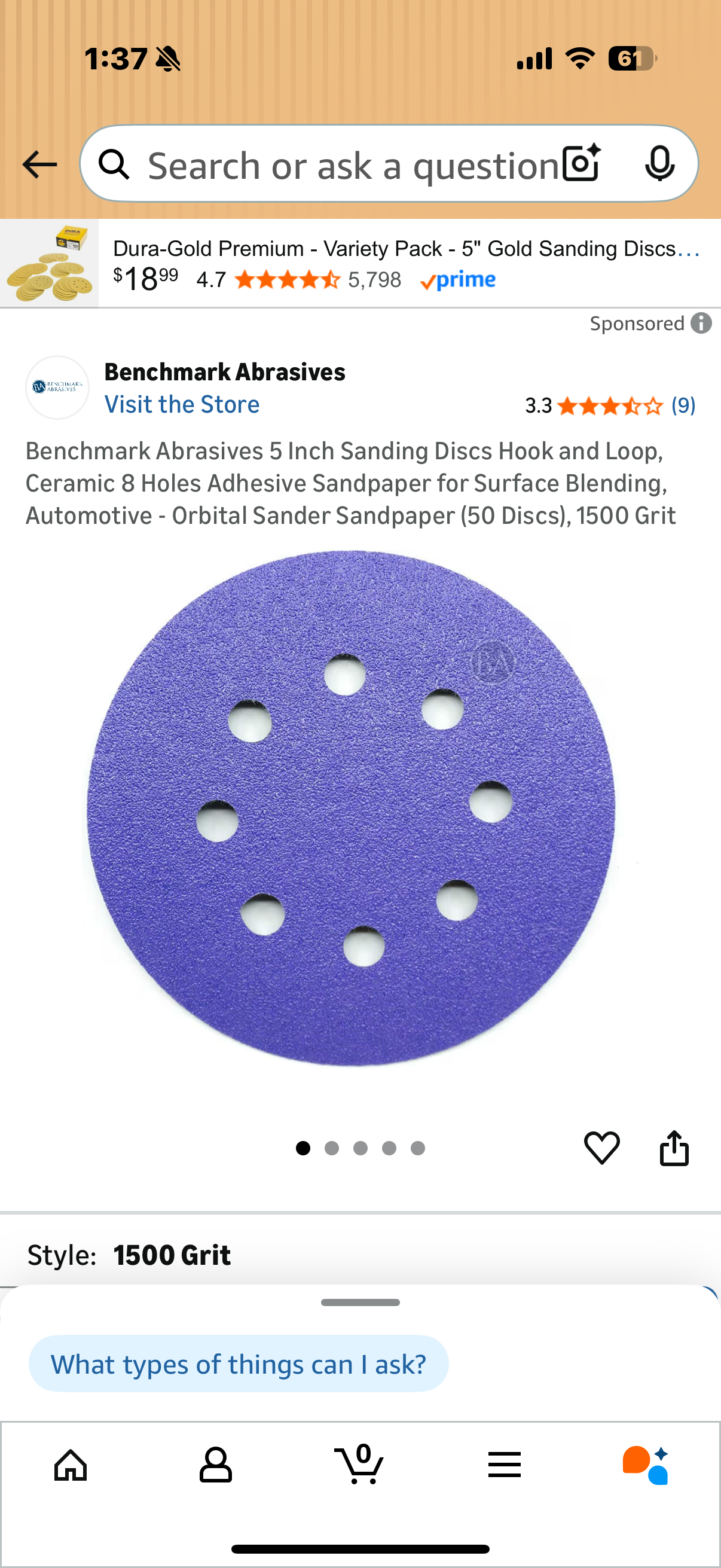 Benchmark Abrasives 5 Inch Sanding Discs Hook and Loop, Ceramic 8 Holes Adhesive Sandpaper for Surface Blending, Automotive - Orbital Sander Sandpaper (50 Discs), 1500 Grit