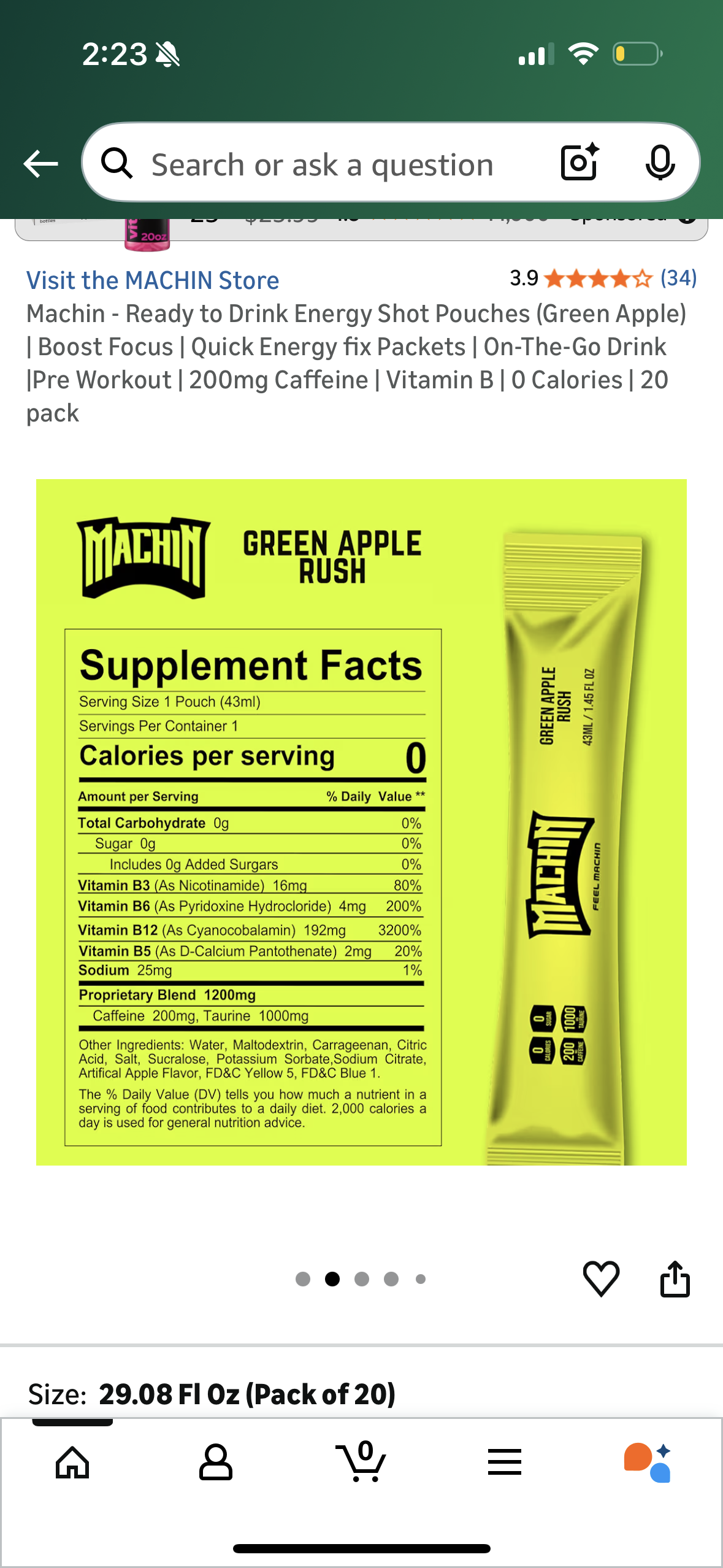 Machin - Ready to Drink Energy Shot Pouches (Green Apple) | Boost Focus | Quick Energy fix Packets | On-The-Go Drink |Pre Workout | 200mg Caffeine | Vitamin B | 0 Calories | 20 pack