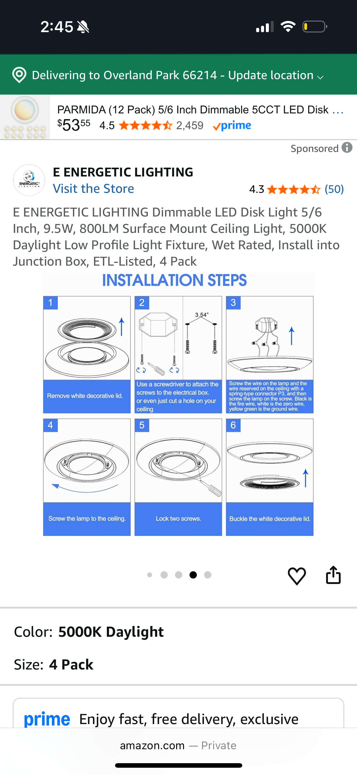 6 Pack E ENERGETIC LIGHTING Dimmable LED Disk Light 5/6 Inch, 9.5W, 800LM Surface Mount Ceiling Light, 5000K Daylight Low Profile Light Fixture, Wet Rated, Install into Junction Box, ETL-Listed