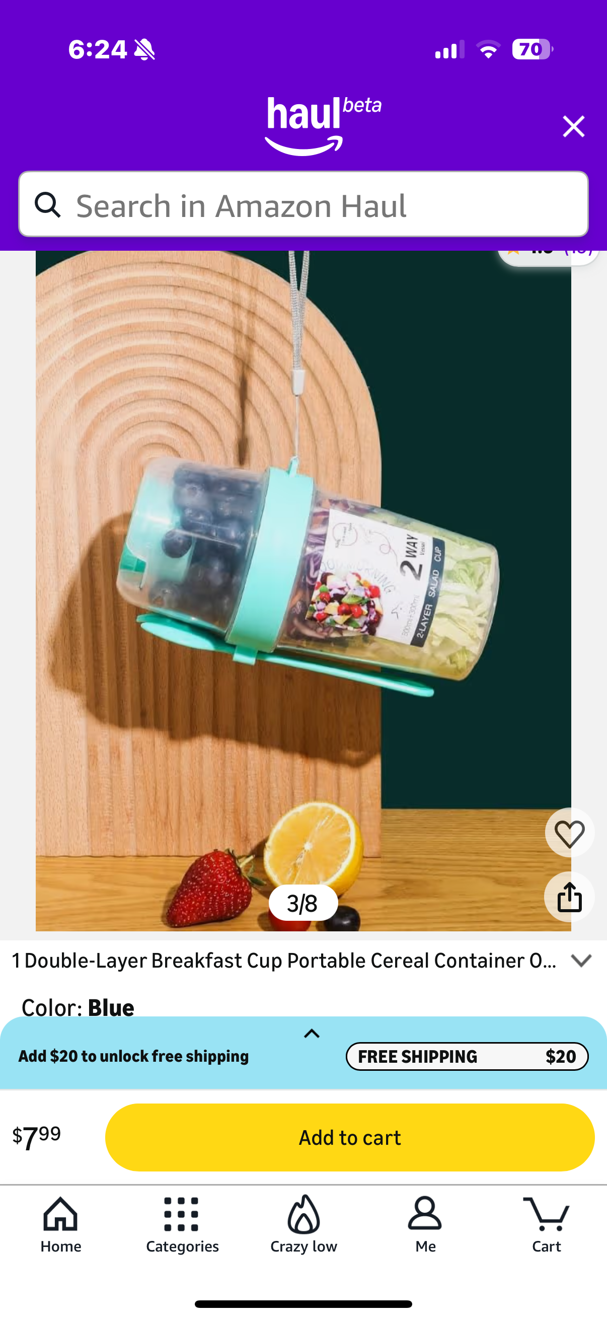 1 Double-Layer Breakfast Cup Portable Cereal Salad Container