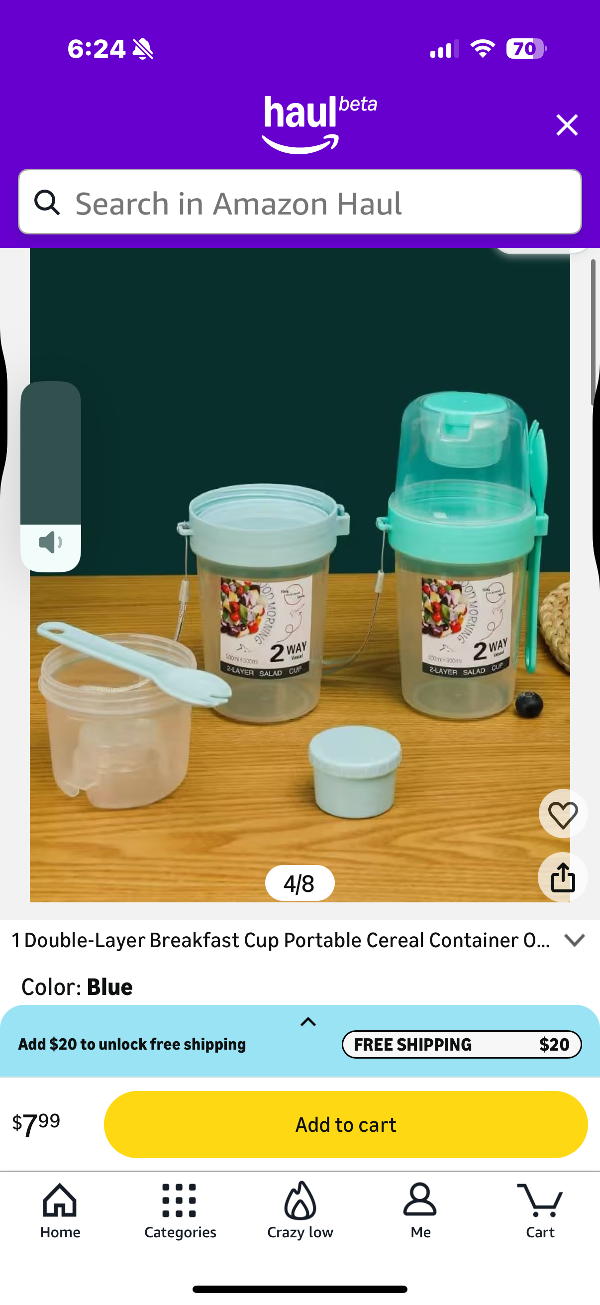 1 Double-Layer Breakfast Cup Portable Cereal Salad Container