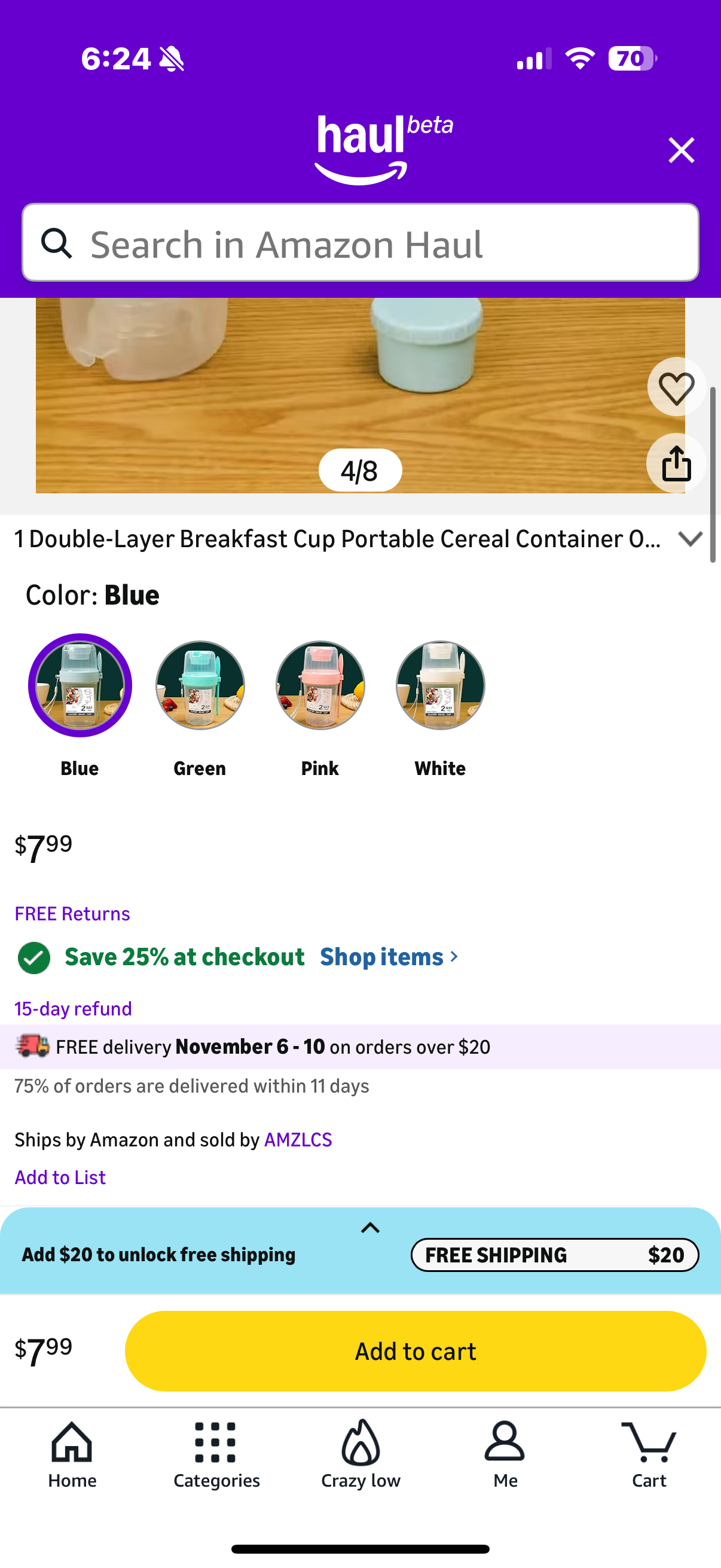 1 Double-Layer Breakfast Cup Portable Cereal Salad Container