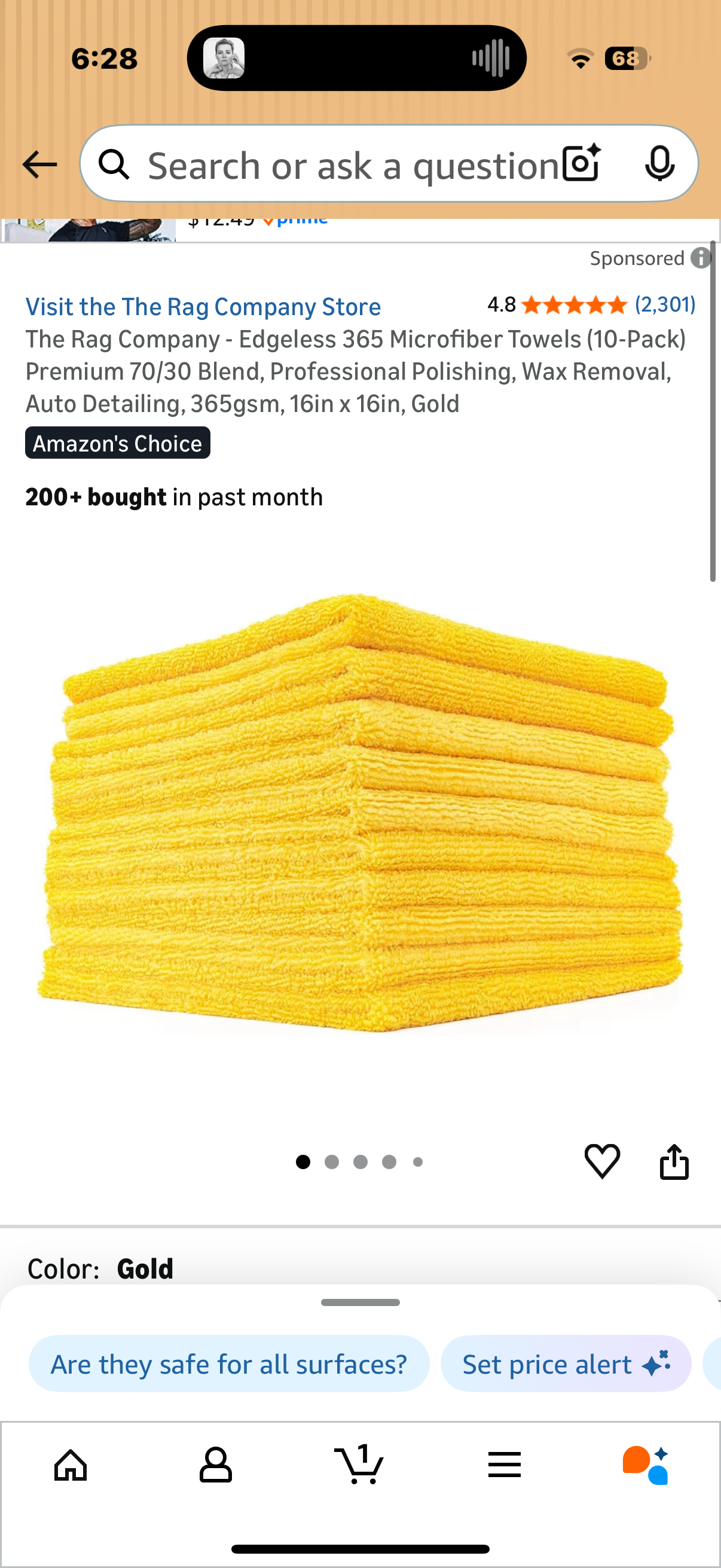 The Rag Company - Edgeless 365 Microfiber Towels (10-Pack) Premium 70/30 Blend, Professional Polishing, Wax Removal, Auto Detailing, 365gsm, 16in x 16in, Gold