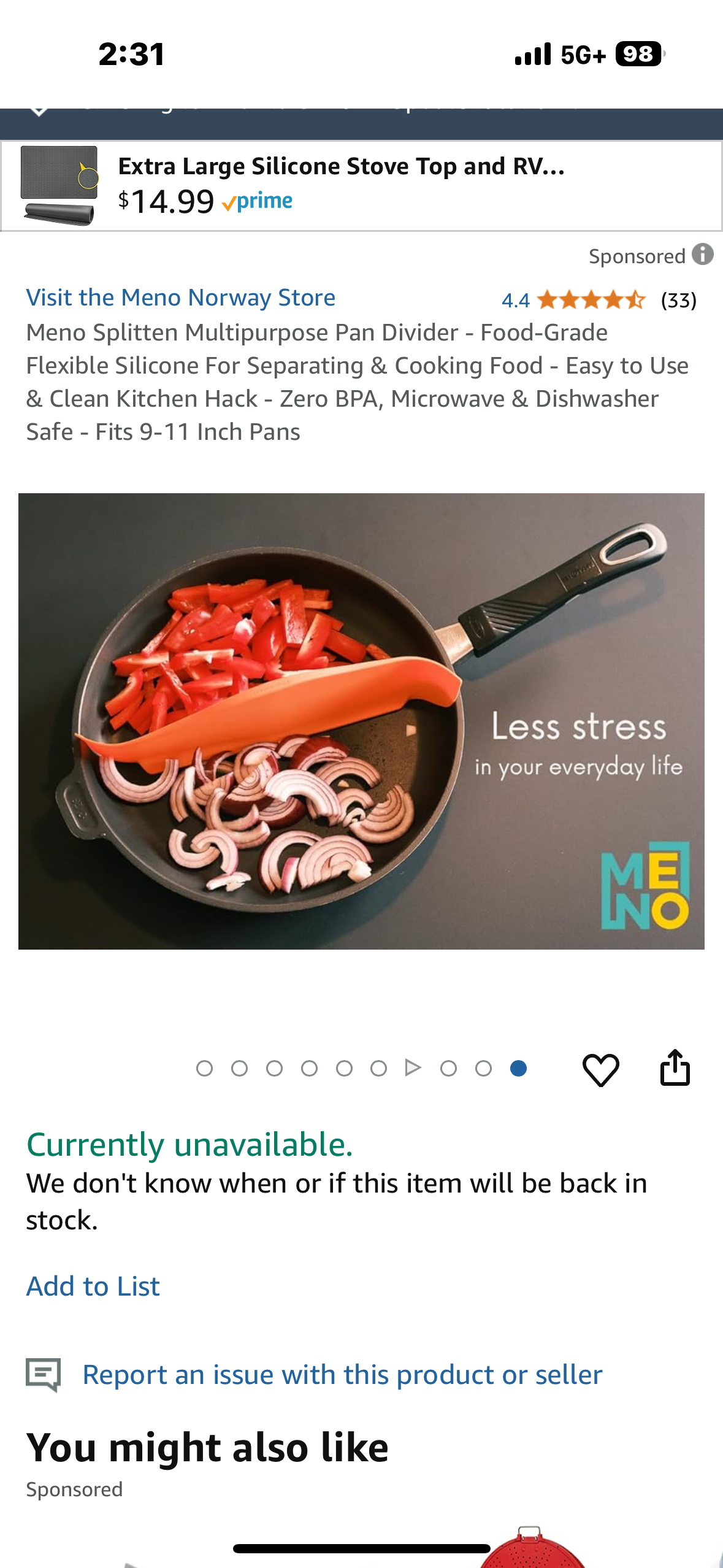 Meno Splitten Multipurpose Pan Divider - Food-Grade Flexible Silicone For Separating & Cooking Food - Easy to Use & Clean Kitchen Hack - Zero BPA, Microwave & Dishwasher Safe - Fits 9-11 Inch Pans